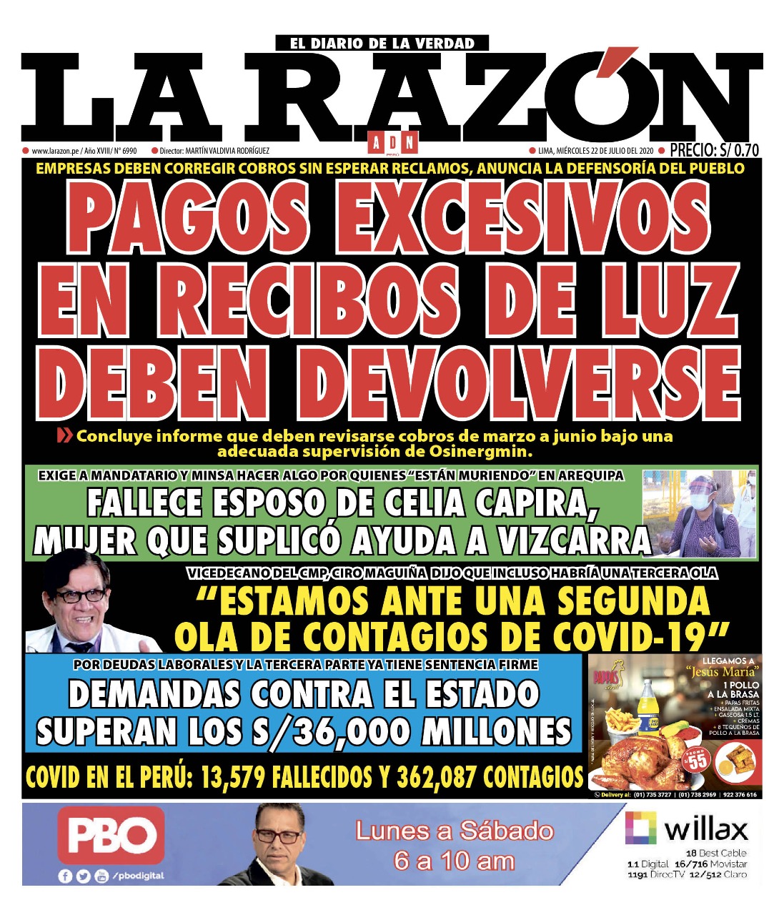 Portada impresa – Diario La Razón (22/07/2020)