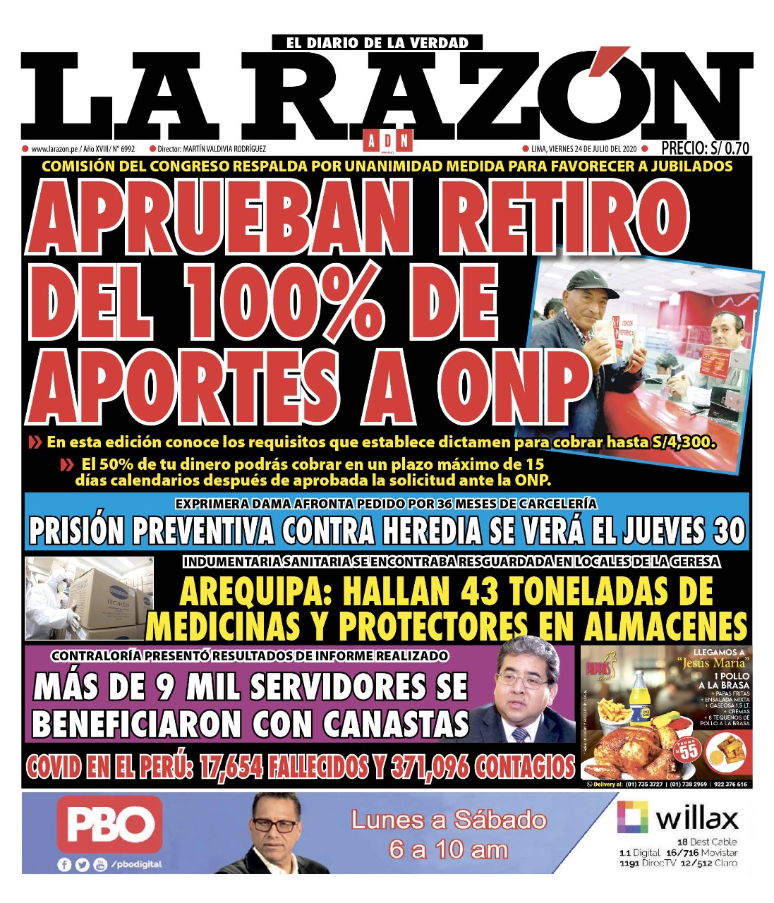 Portada impresa – Diario La Razón (24/07/2020)
