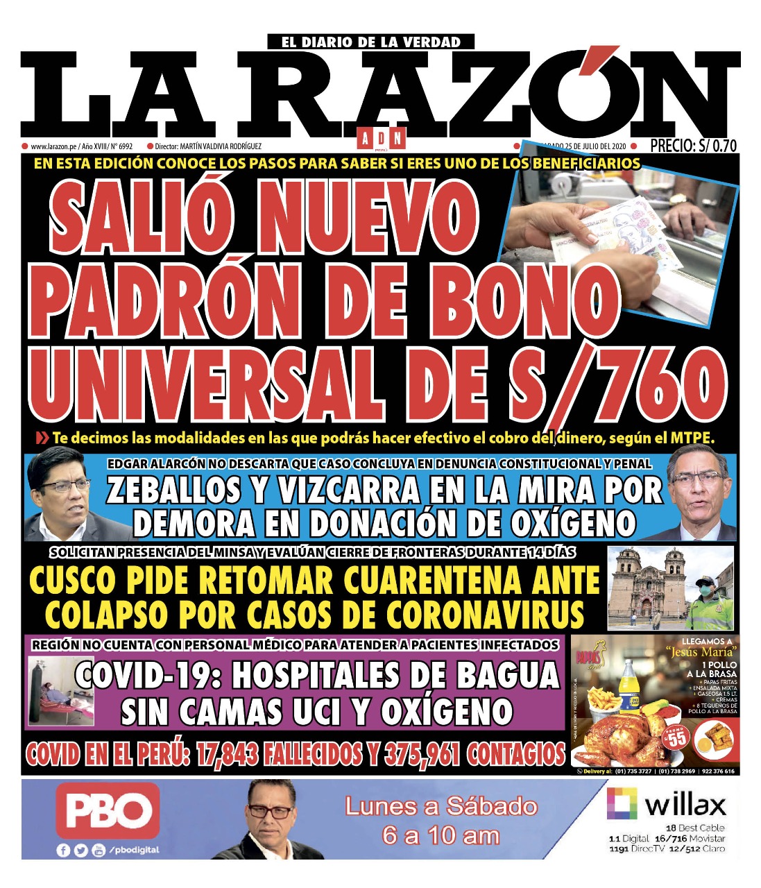 Portada impresa – Diario La Razón (25/07/2020)