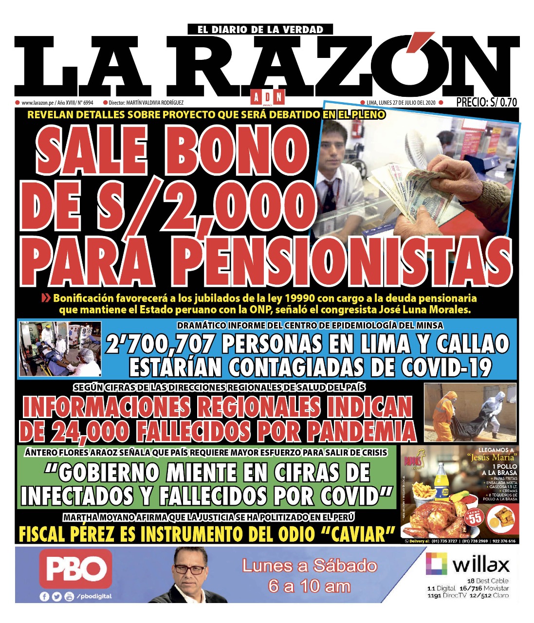 Portada impresa – Diario La Razón (27/07/2020)