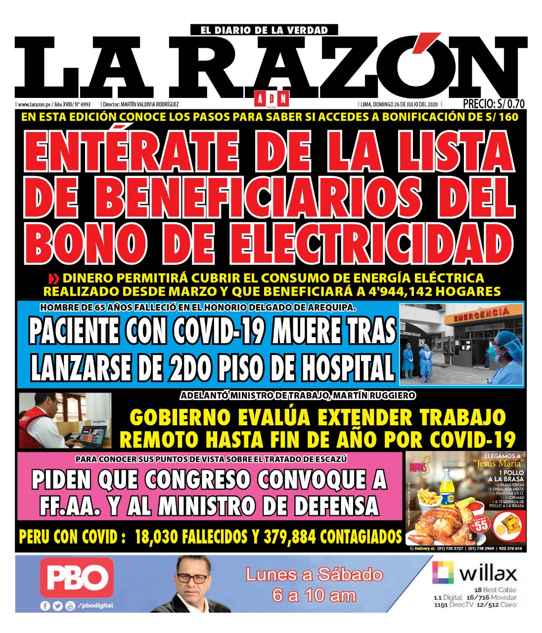 Portada impresa – Diario La Razón (26/07/2020)
