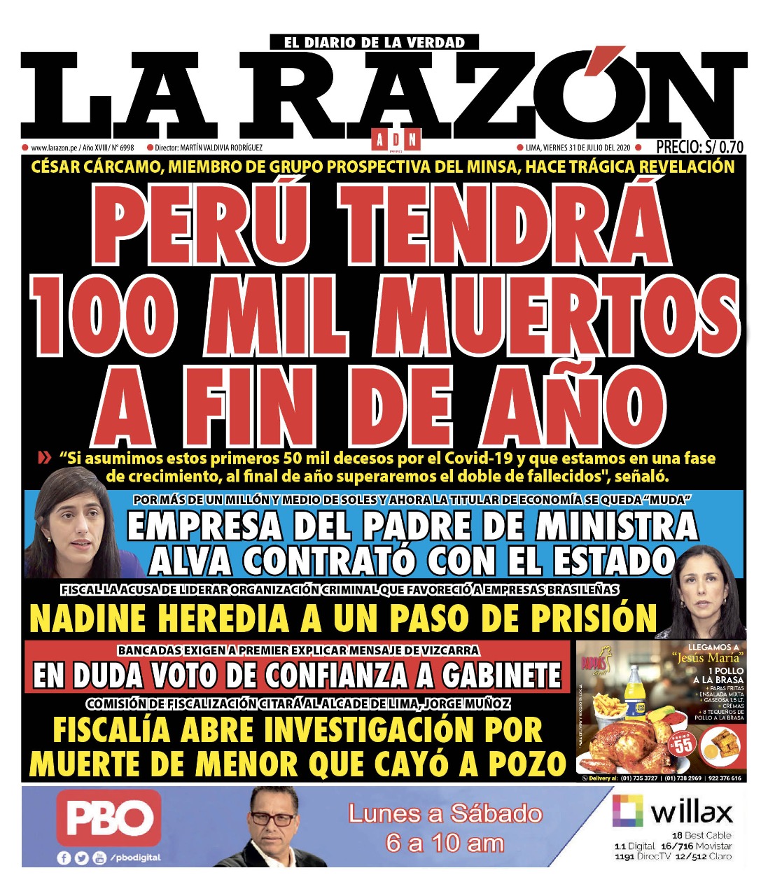 Portada impresa – Diario La Razón (31/07/2020)