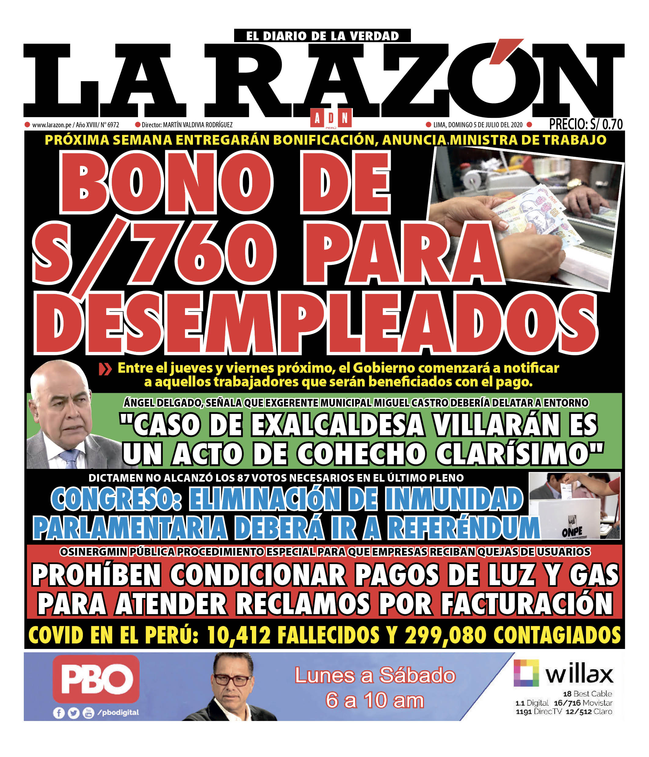 Portada impresa – Diario La Razón (05/07/2020)