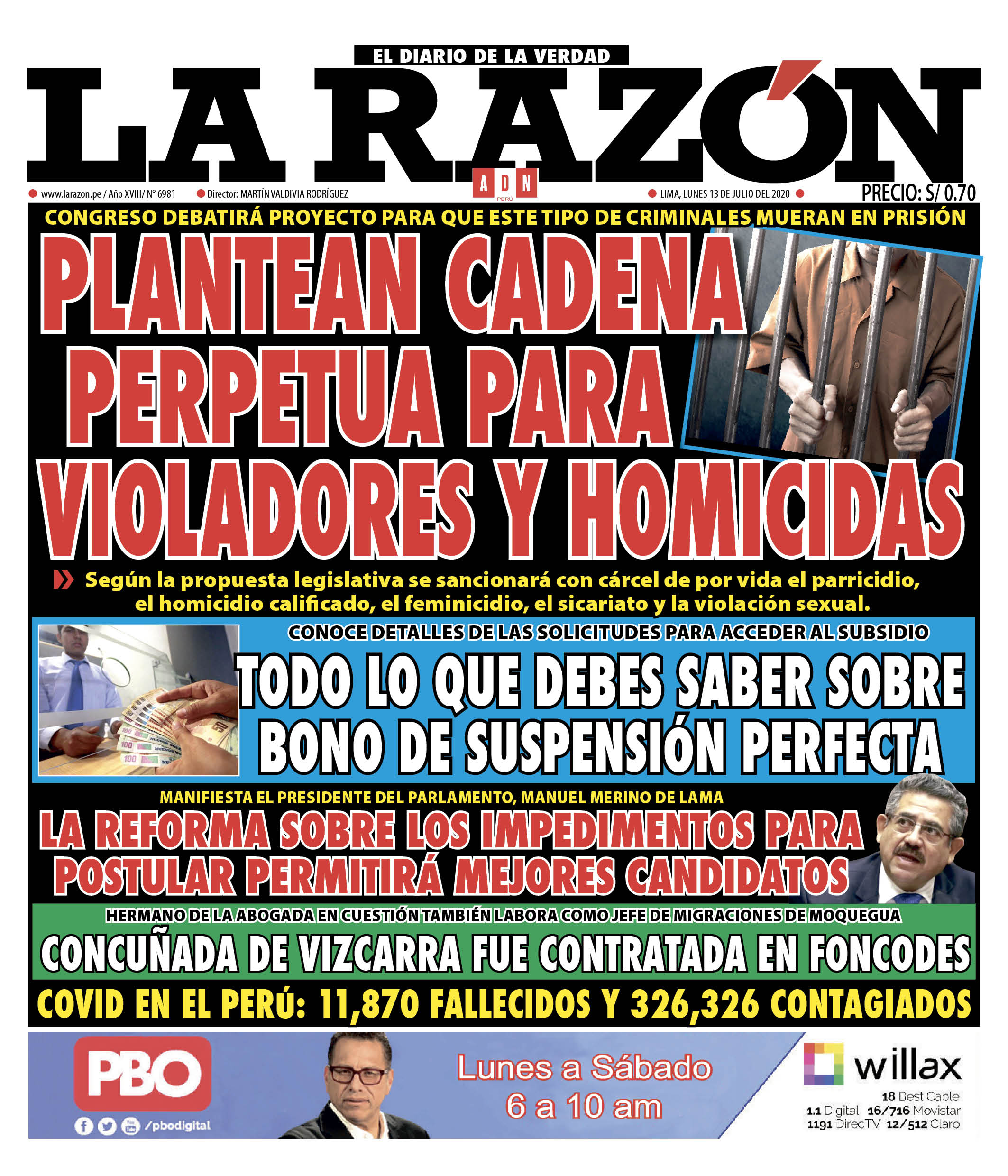 Portada impresa – Diario La Razón (13/07/2020)