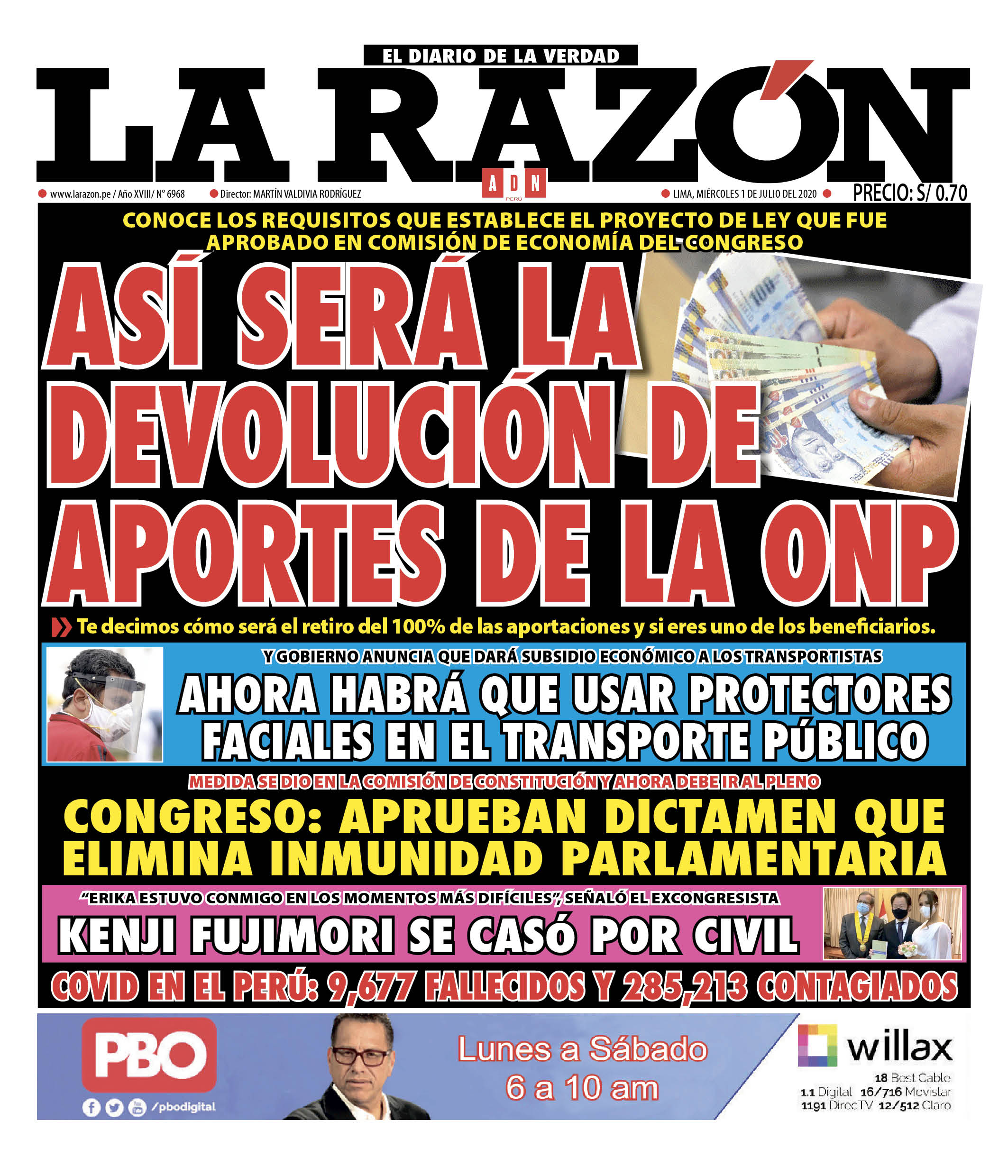Portada impresa – Diario La Razón (01/07/2020)