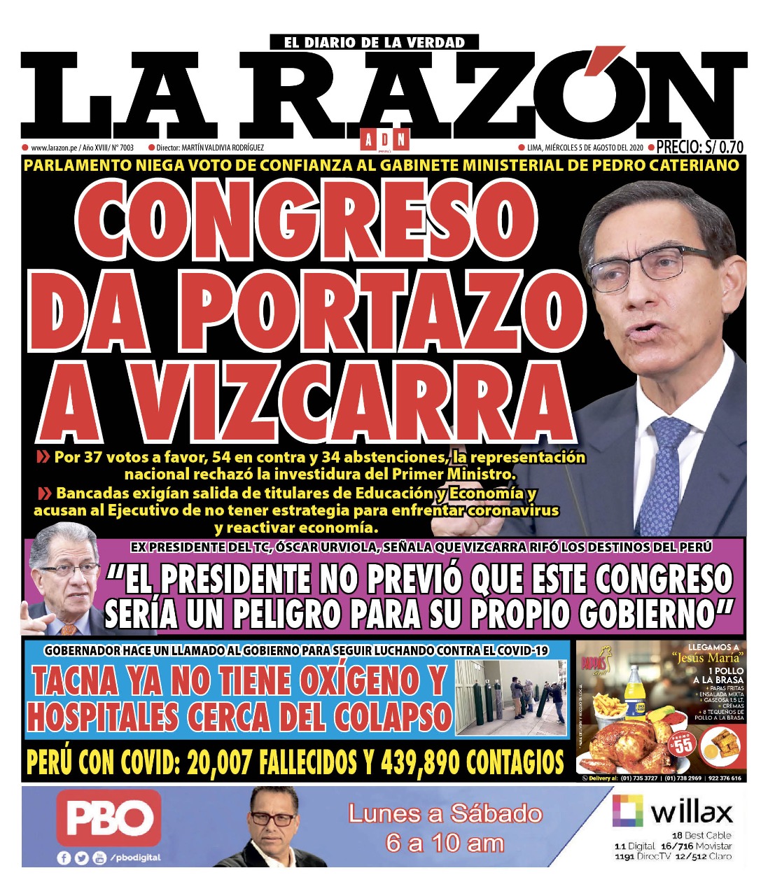 Portada impresa – Diario La Razón (05/08/2020)