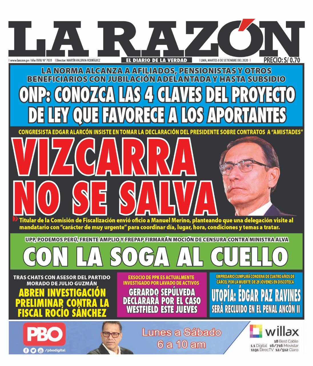 Portada impresa – Diario La Razón (08/09/2020)
