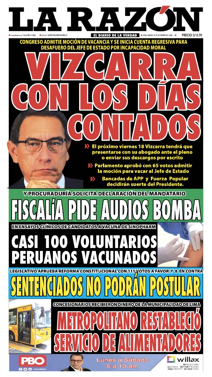 Portada impresa – Diario La Razón (12/09/2020)