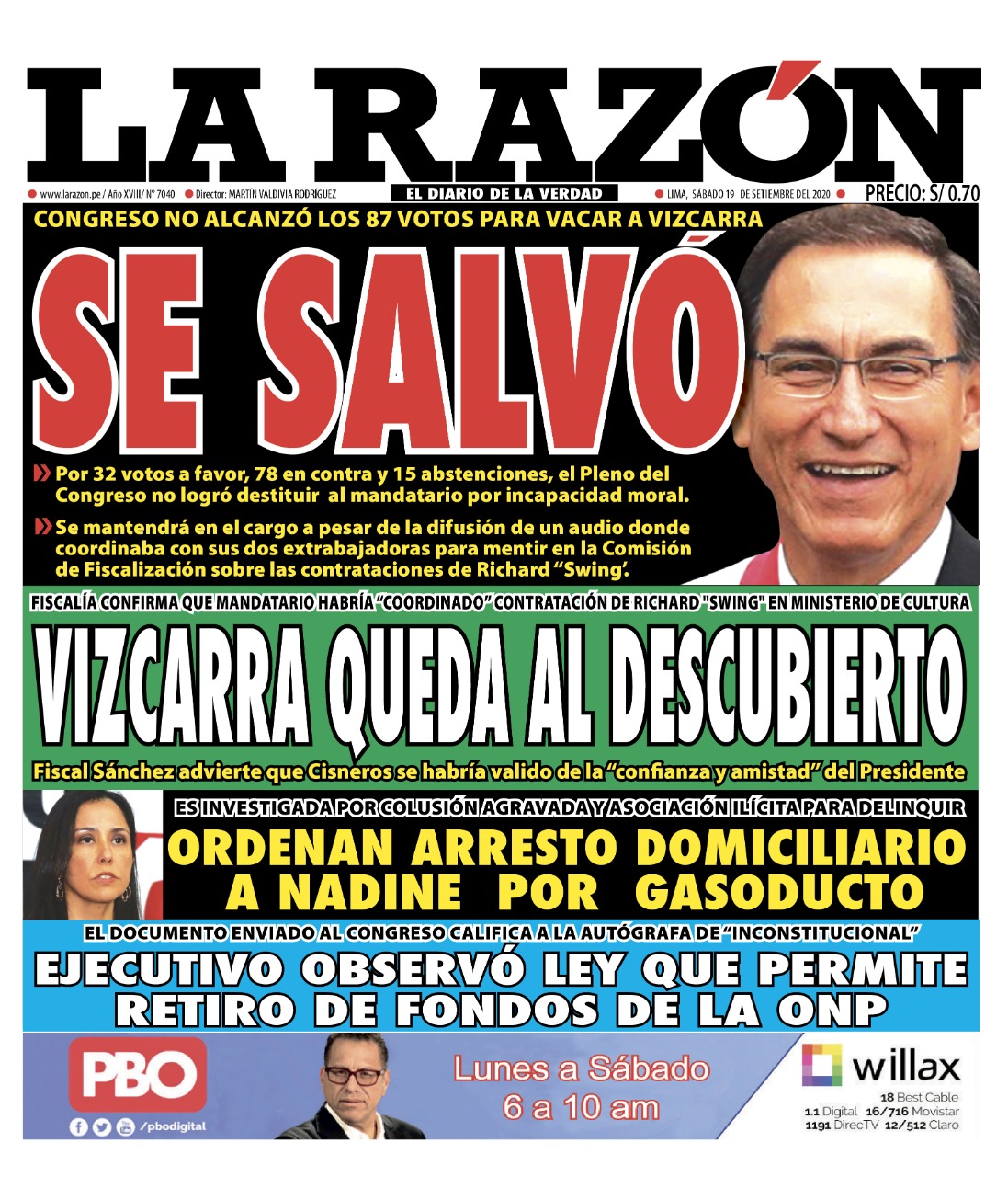 Portada impresa – Diario La Razón (19/09/2020)