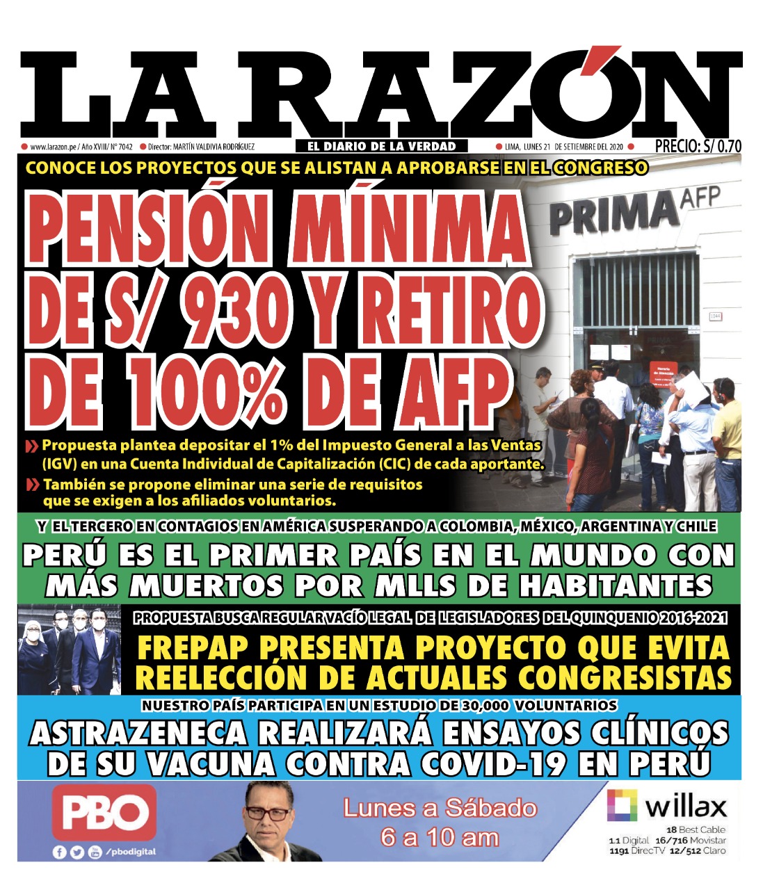 Portada impresa – Diario La Razón (21/09/2020)