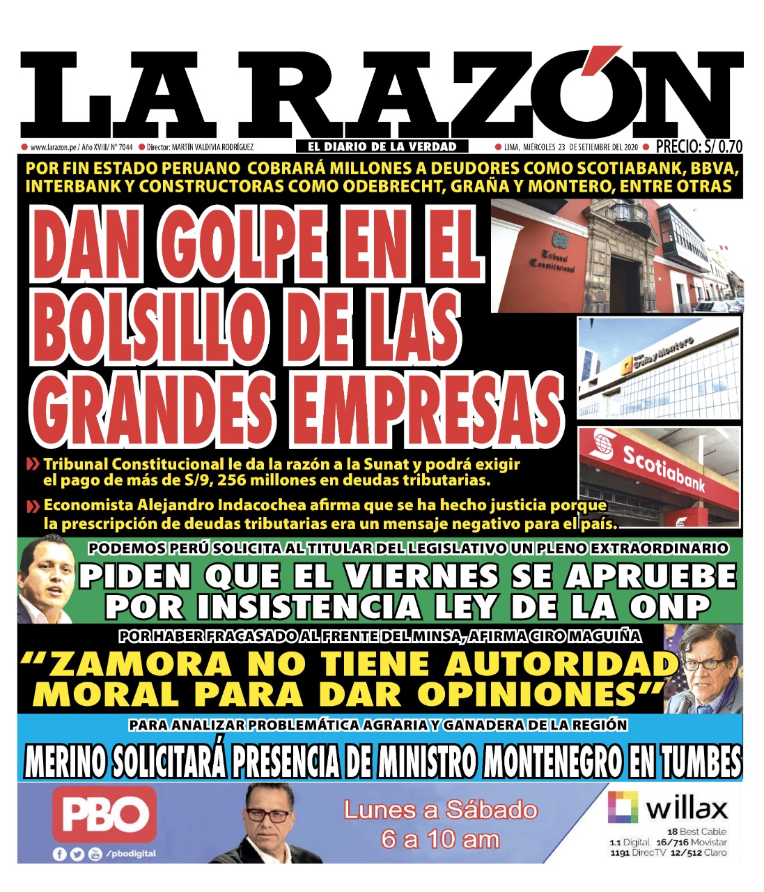 Portada impresa – Diario La Razón (23/09/2020)