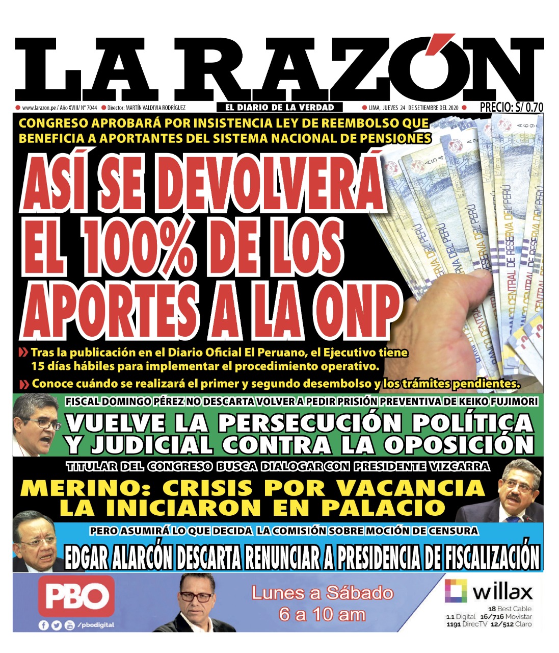 Portada impresa – Diario La Razón (24/09/2020)