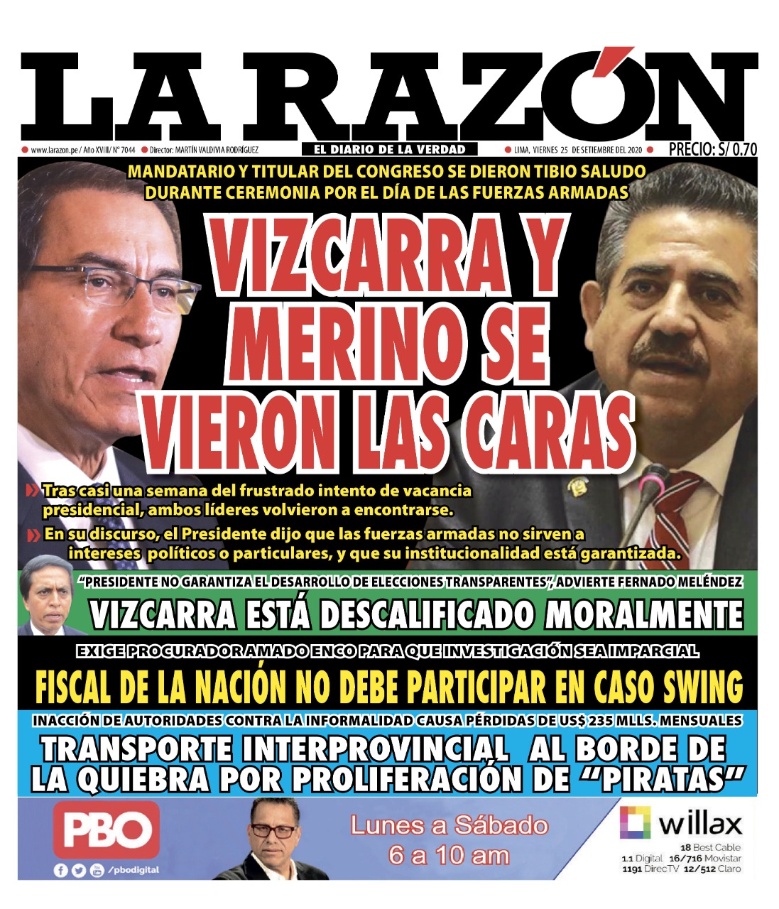 Portada impresa – Diario La Razón (25/09/2020)
