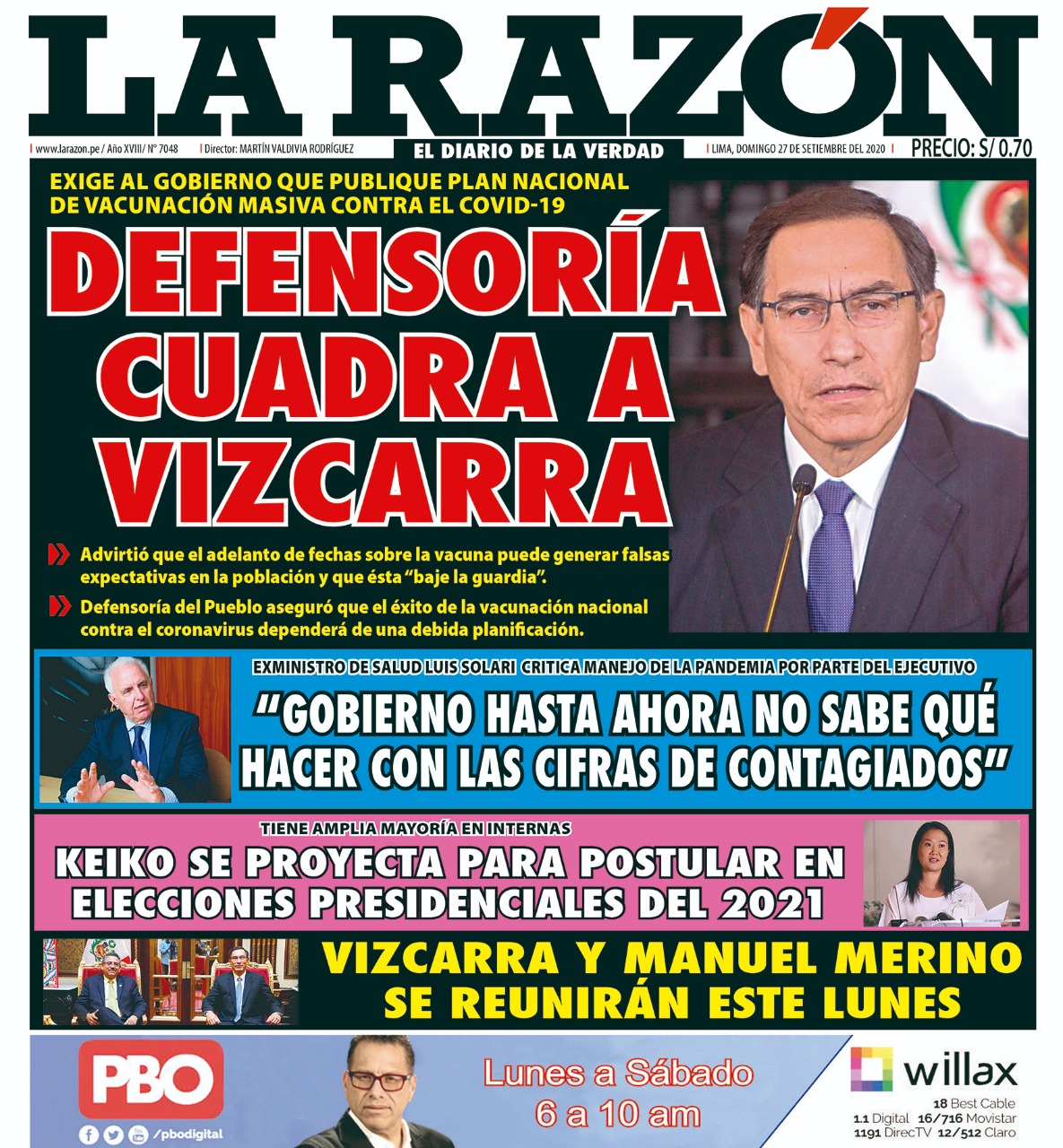 Portada impresa – Diario La Razón (27/09/2020)