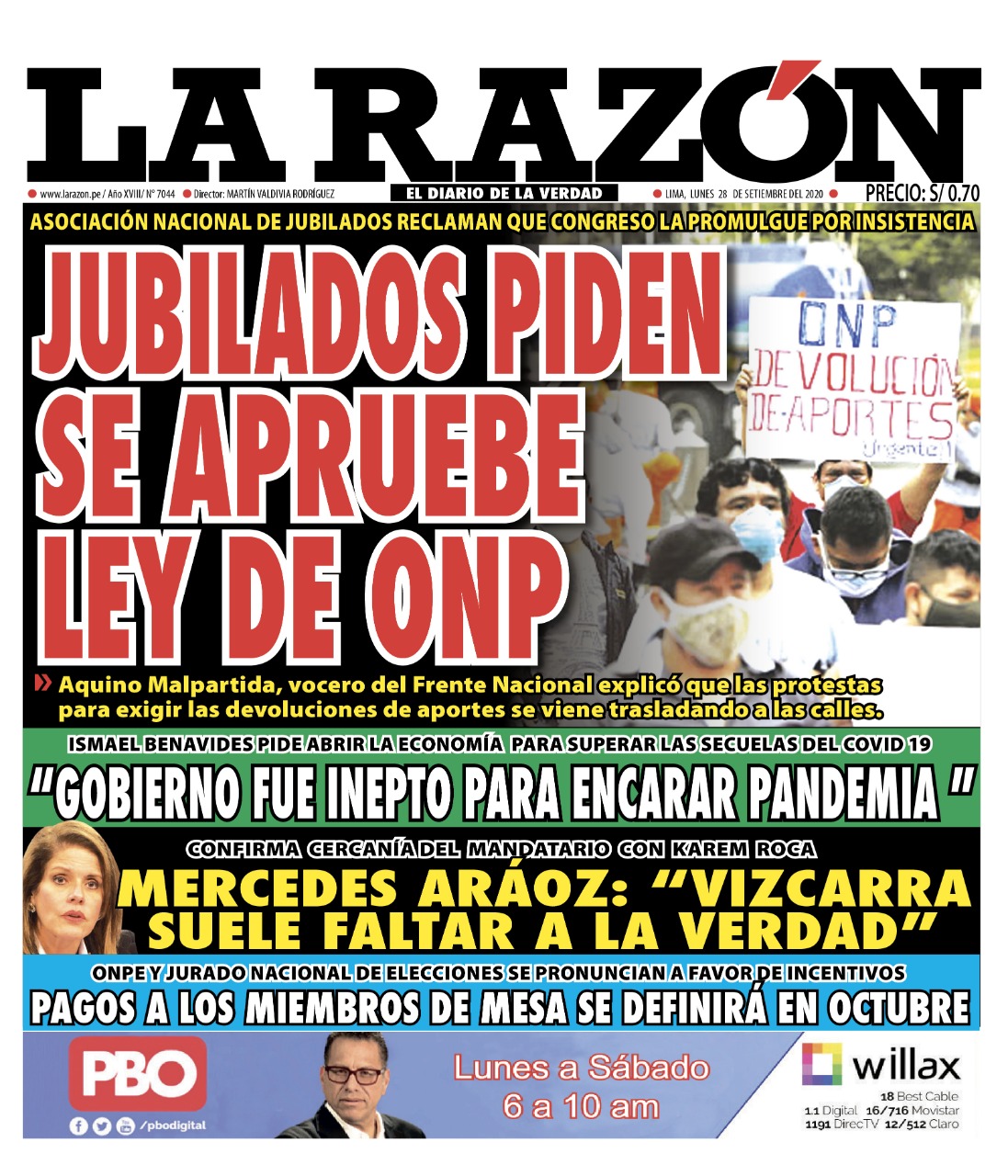 Portada impresa – Diario La Razón (28/09/2020)