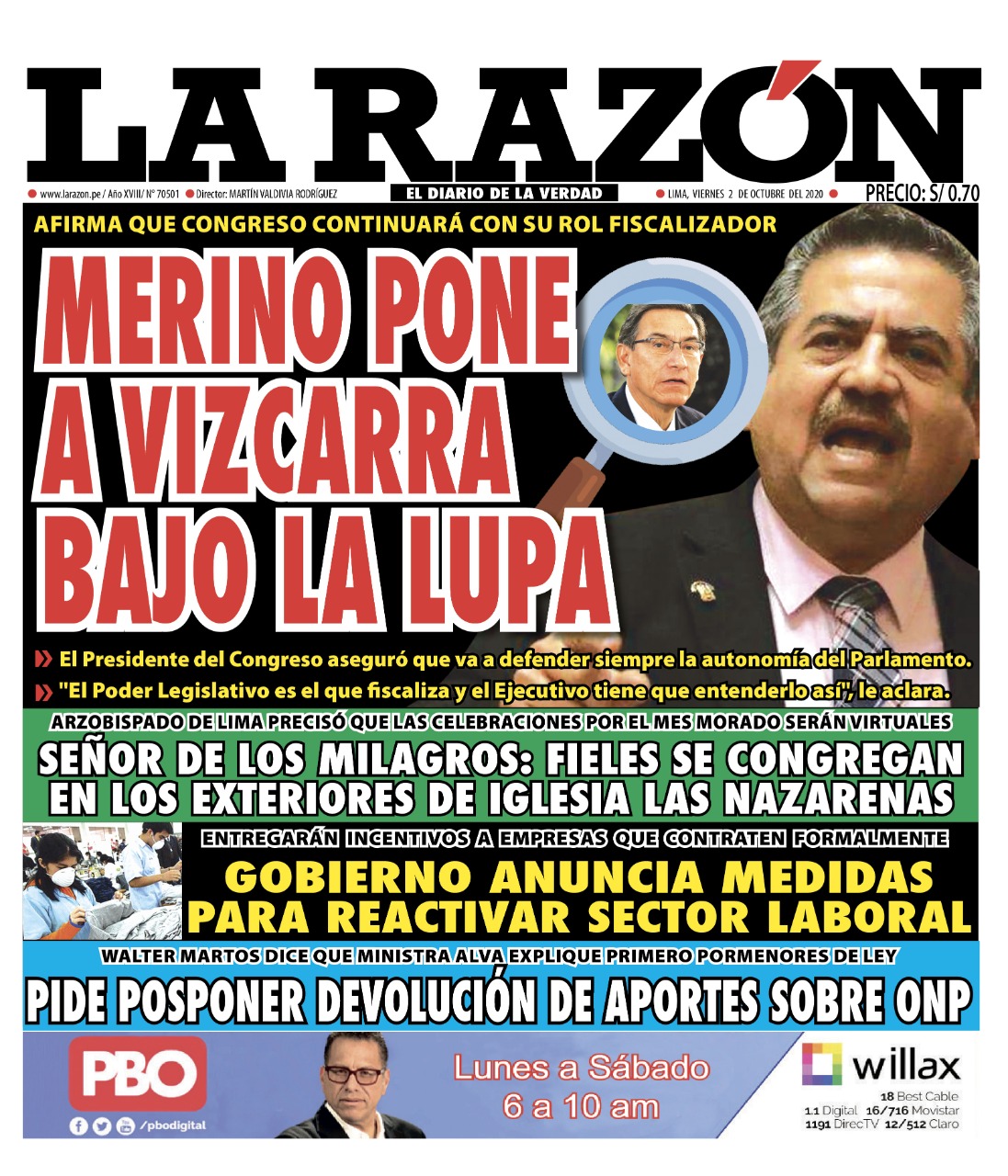 Portada impresa – Diario La Razón (02/10/2020)