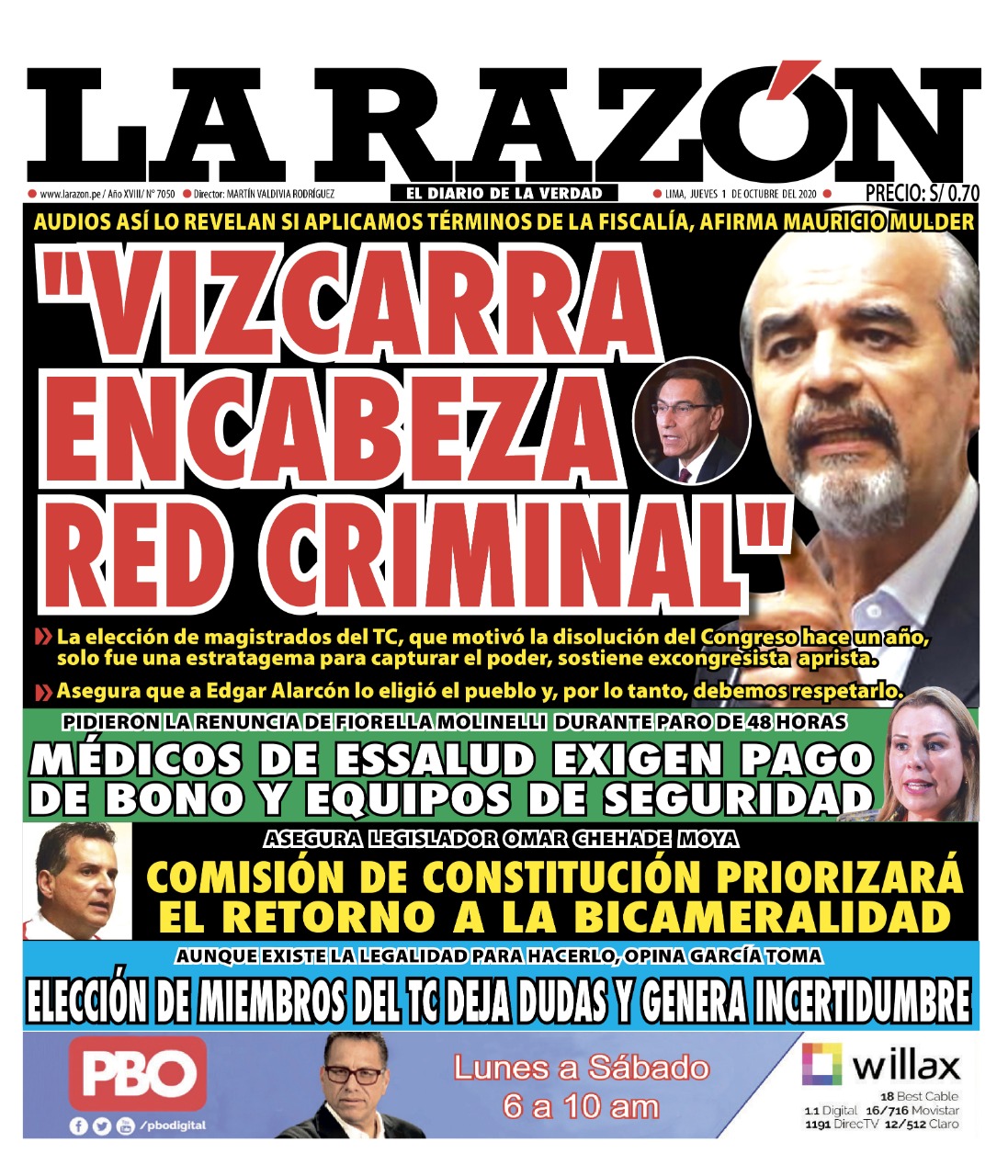 Portada impresa – Diario La Razón (01/10/2020)