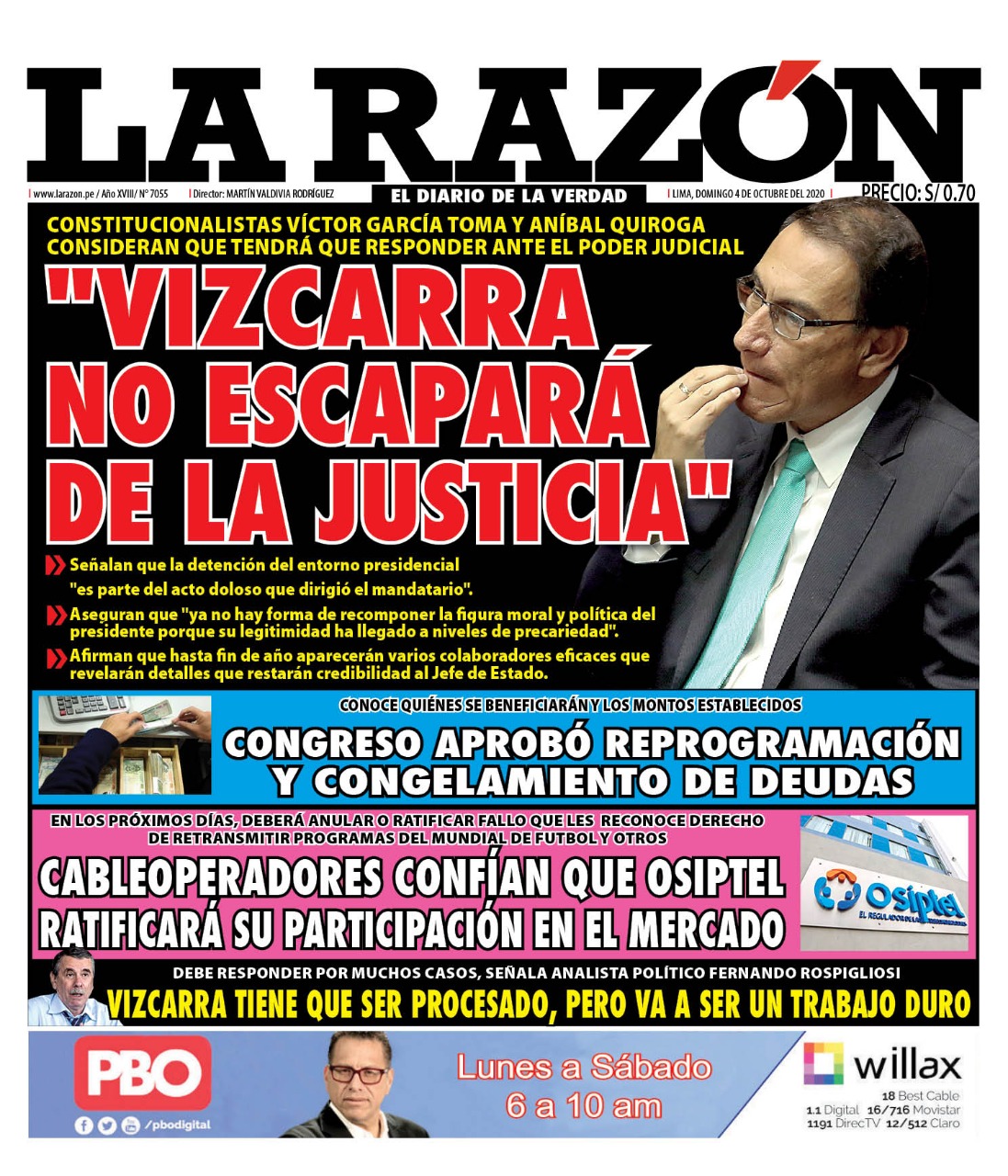Portada impresa – Diario La Razón (04/10/2020)