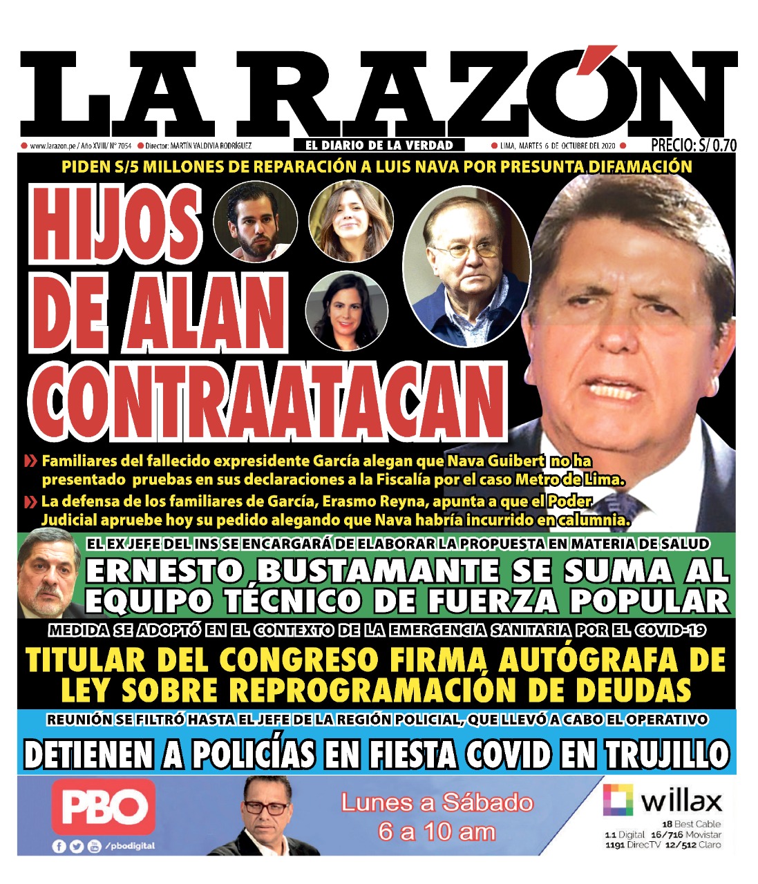 Portada impresa – Diario La Razón (06/10/2020)