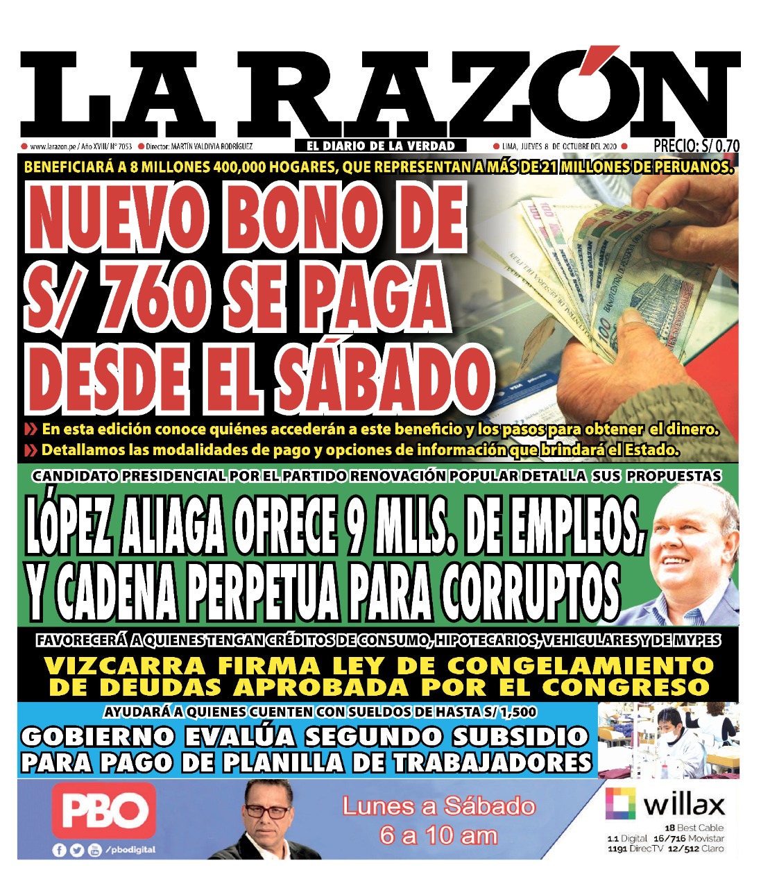 Portada impresa – Diario La Razón (08/10/2020)