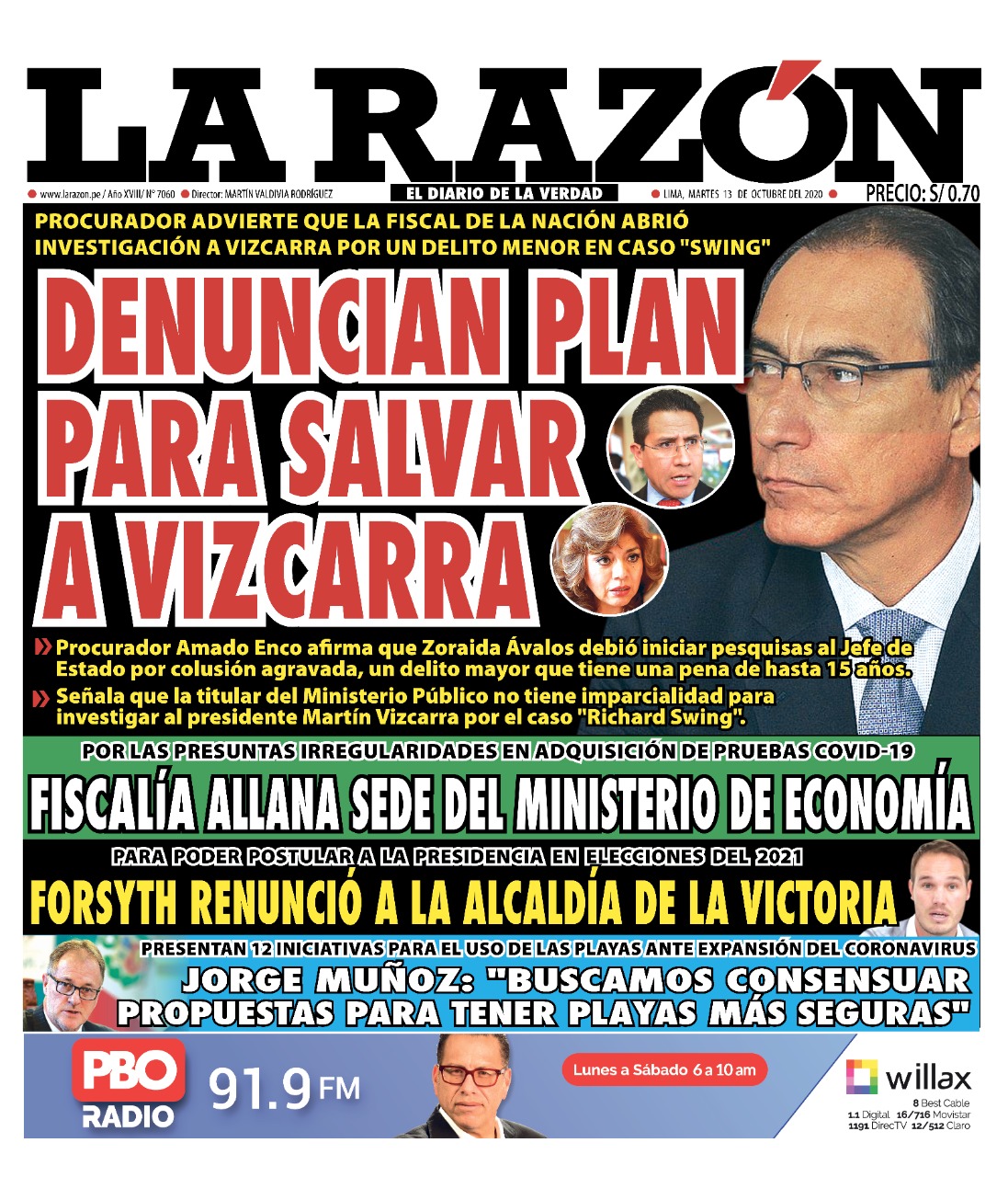 Portada impresa – Diario La Razón (13/10/2020)