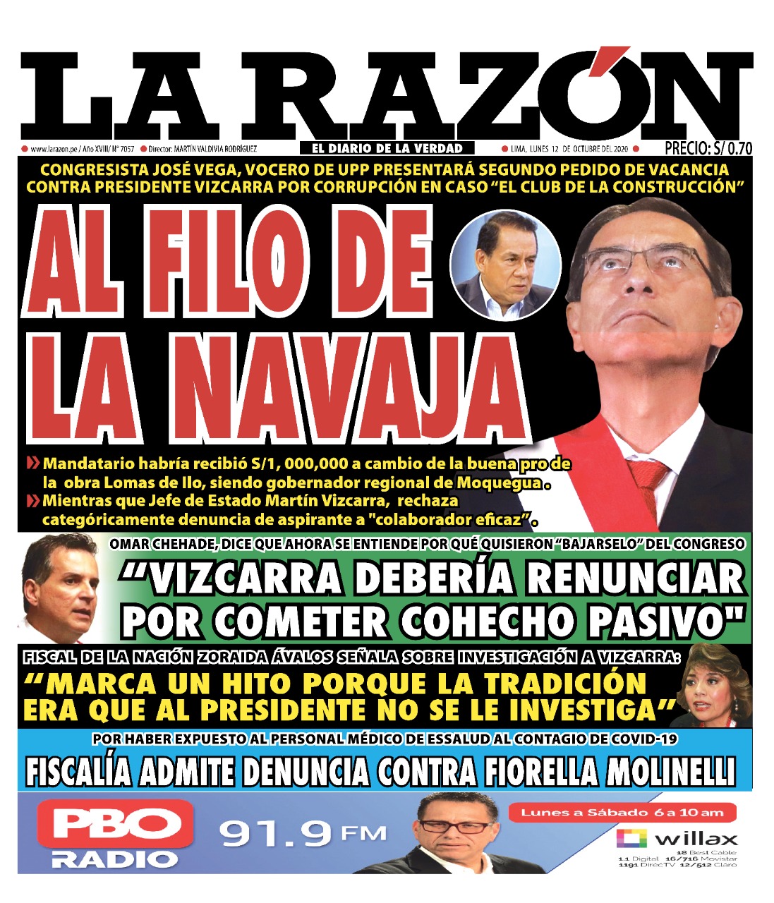 Portada impresa – Diario La Razón (12/10/2020)