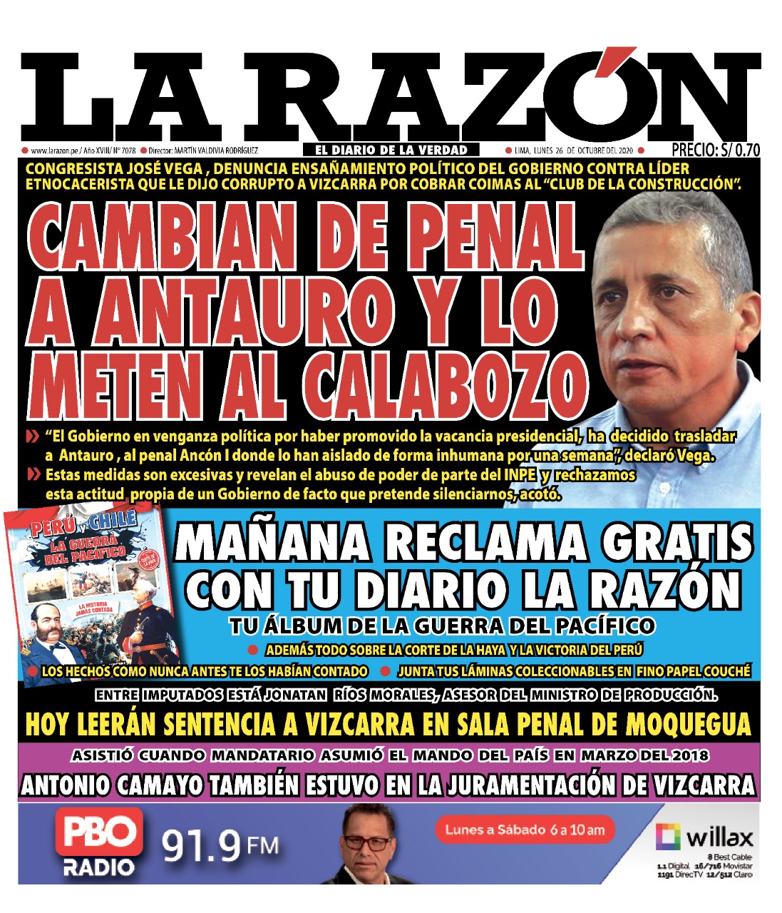 Portada Impresa Diario La Razon 26 10 2020 Ap Noticias Peru
