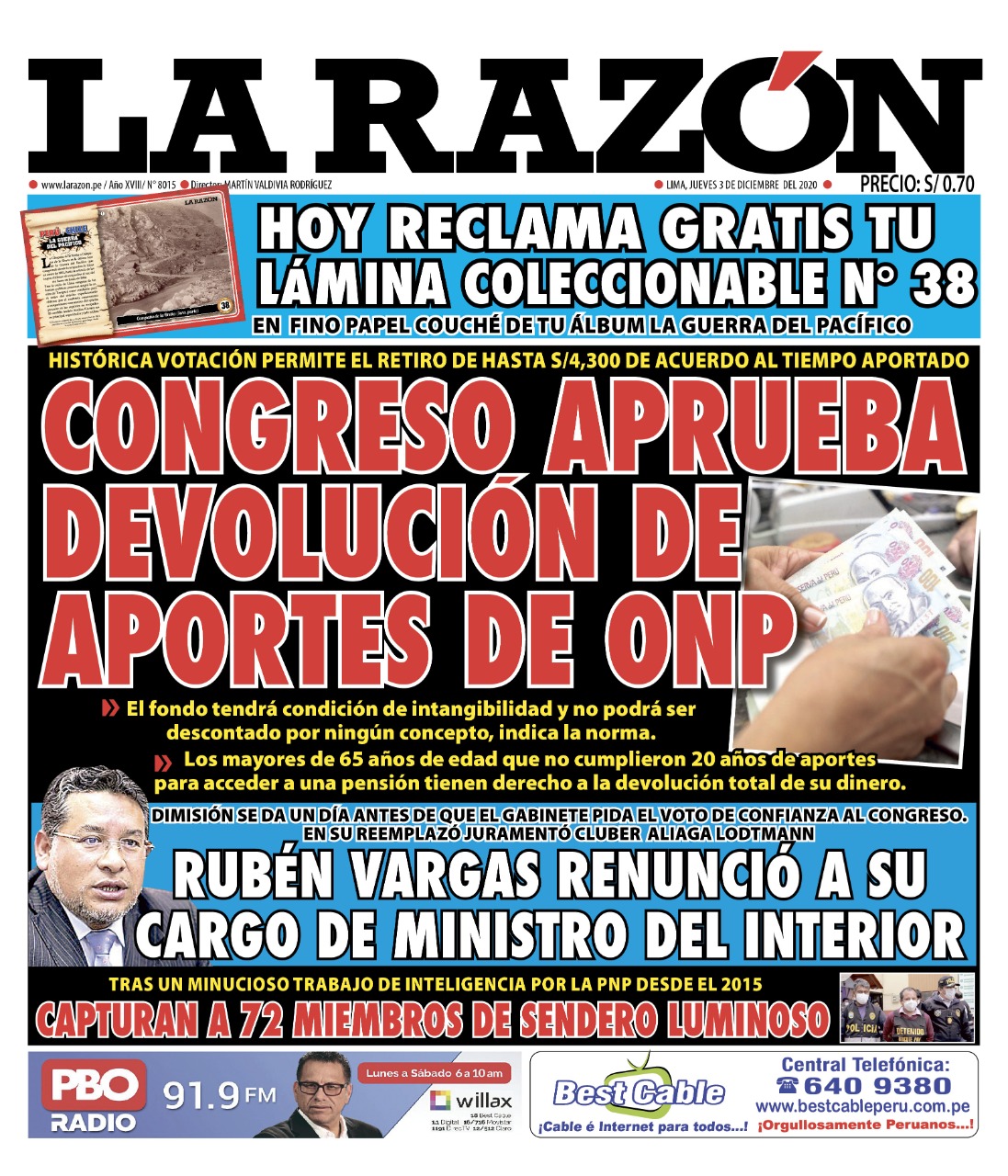 Portada impresa – Diario La Razón (3/12/2020)