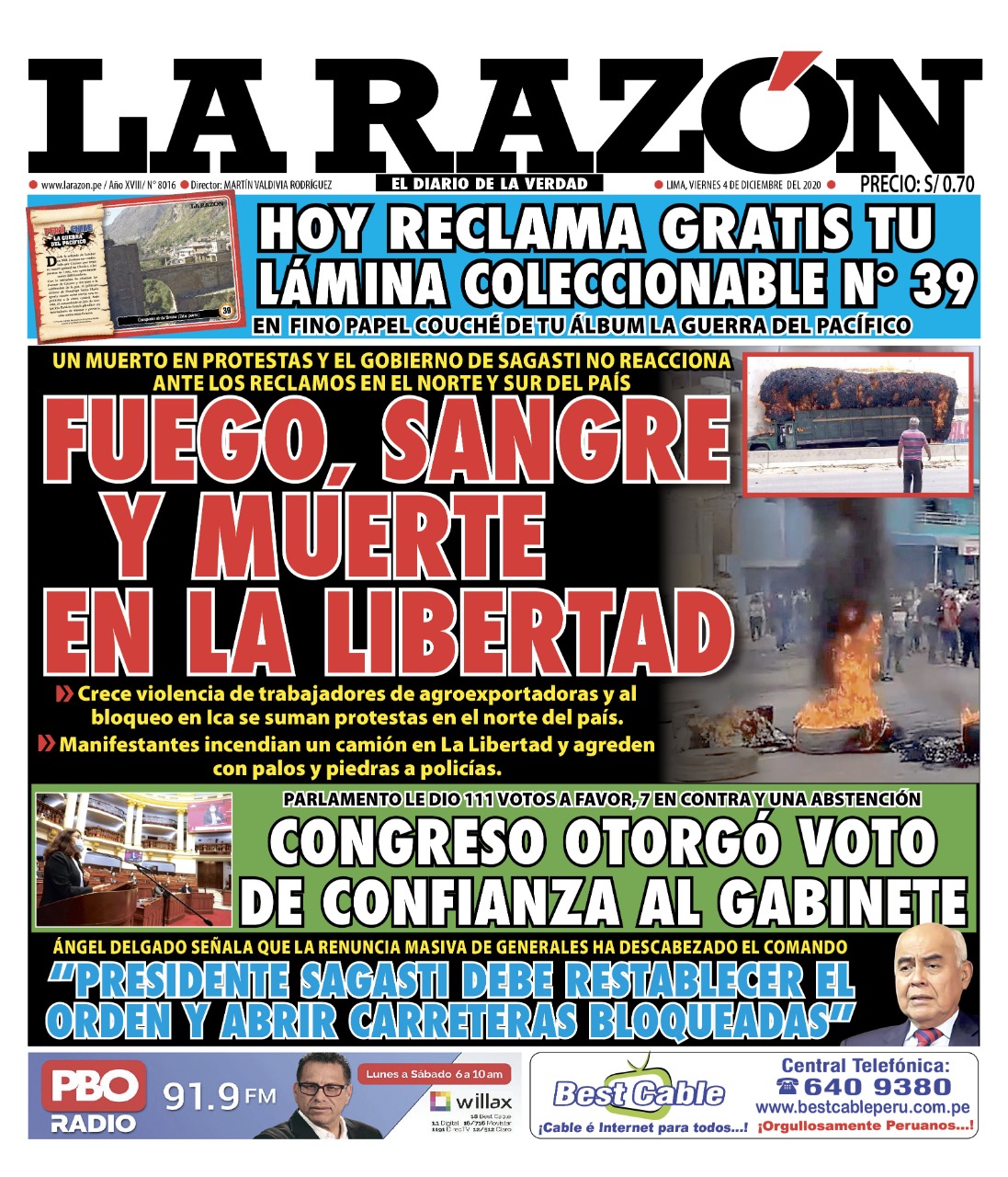 Portada impresa – Diario La Razón (4/12/2020)