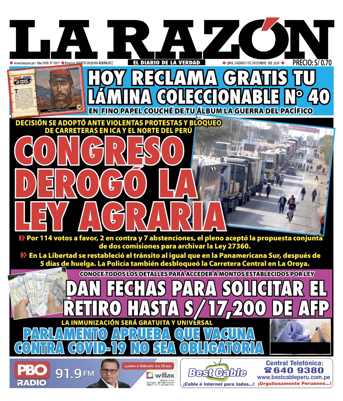 Portada impresa – Diario La Razón (5/12/2020)