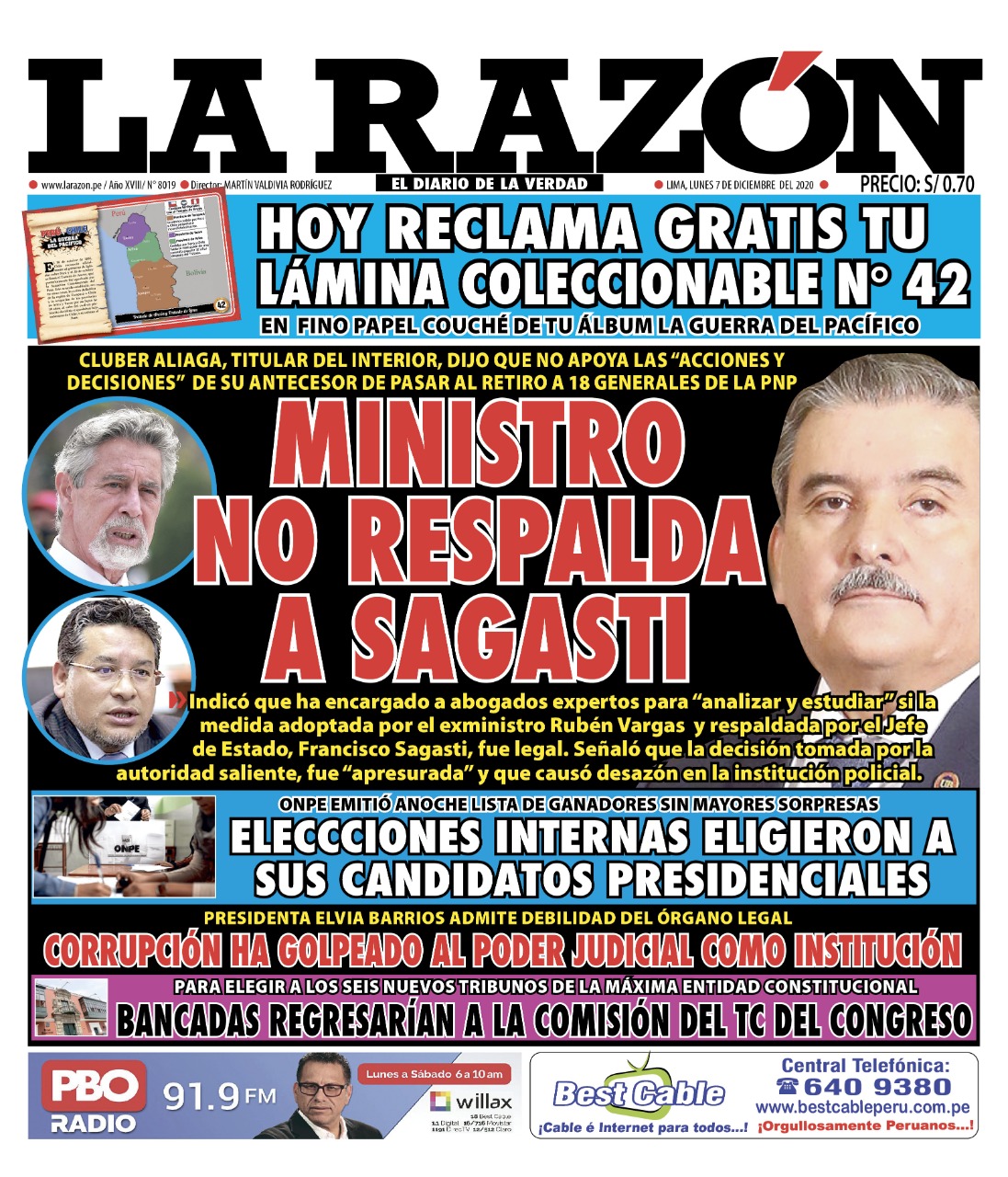 Portada impresa – Diario La Razón (7/12/2020)