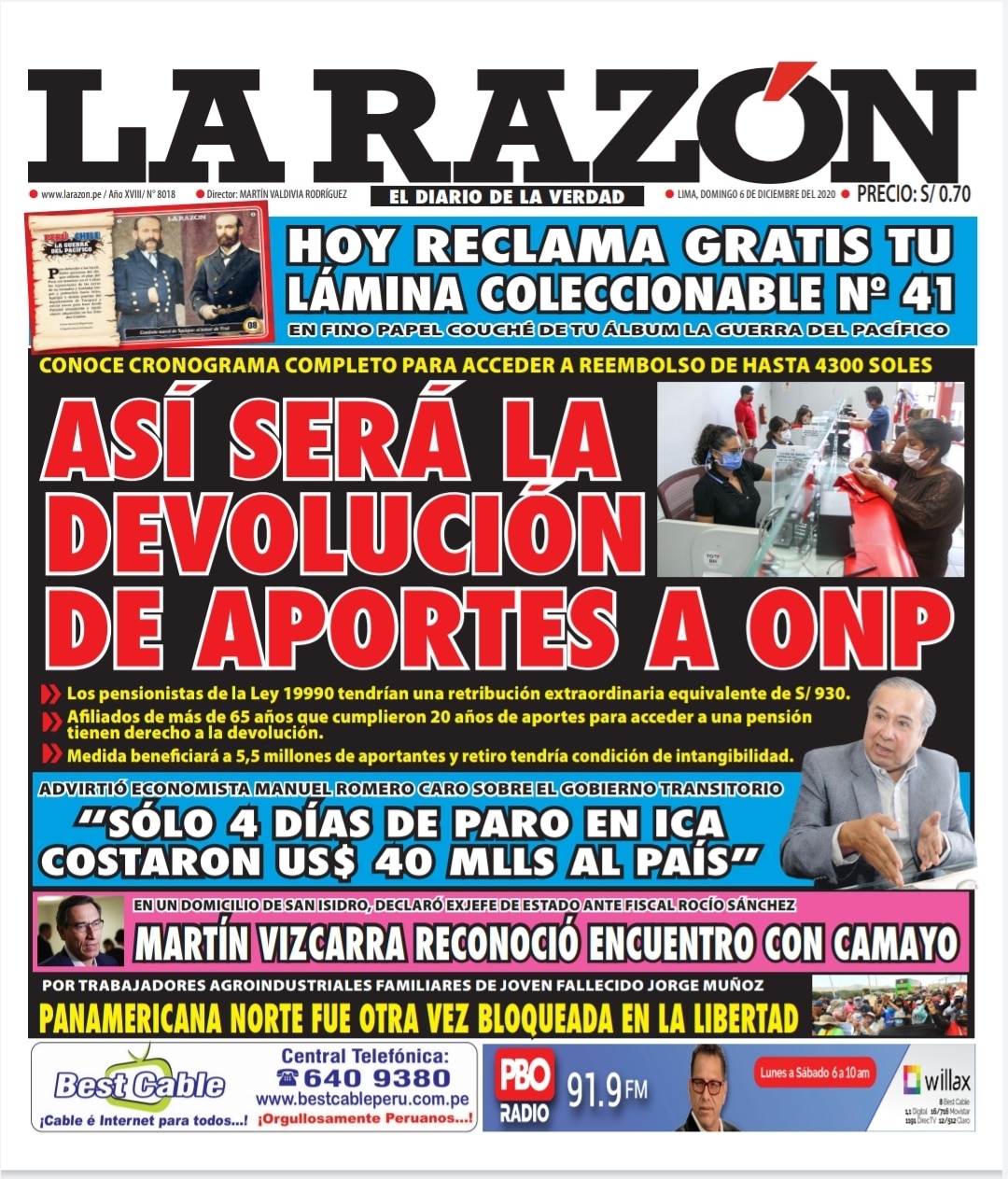 Portada impresa – Diario La Razón (6/12/2020)