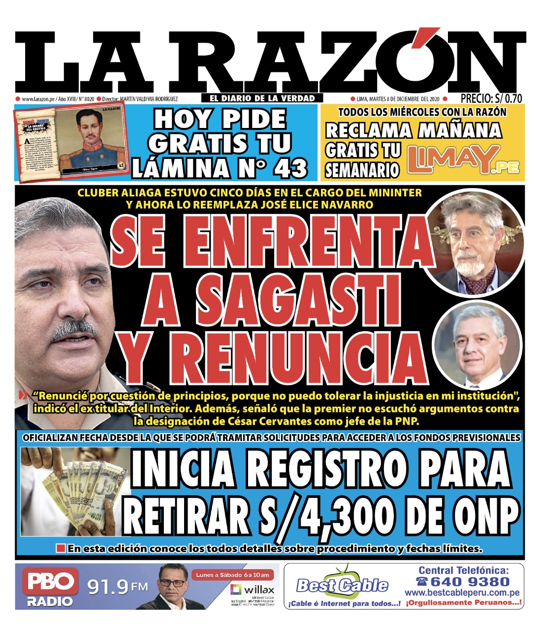 Portada impresa – Diario La Razón (8/12/2020)