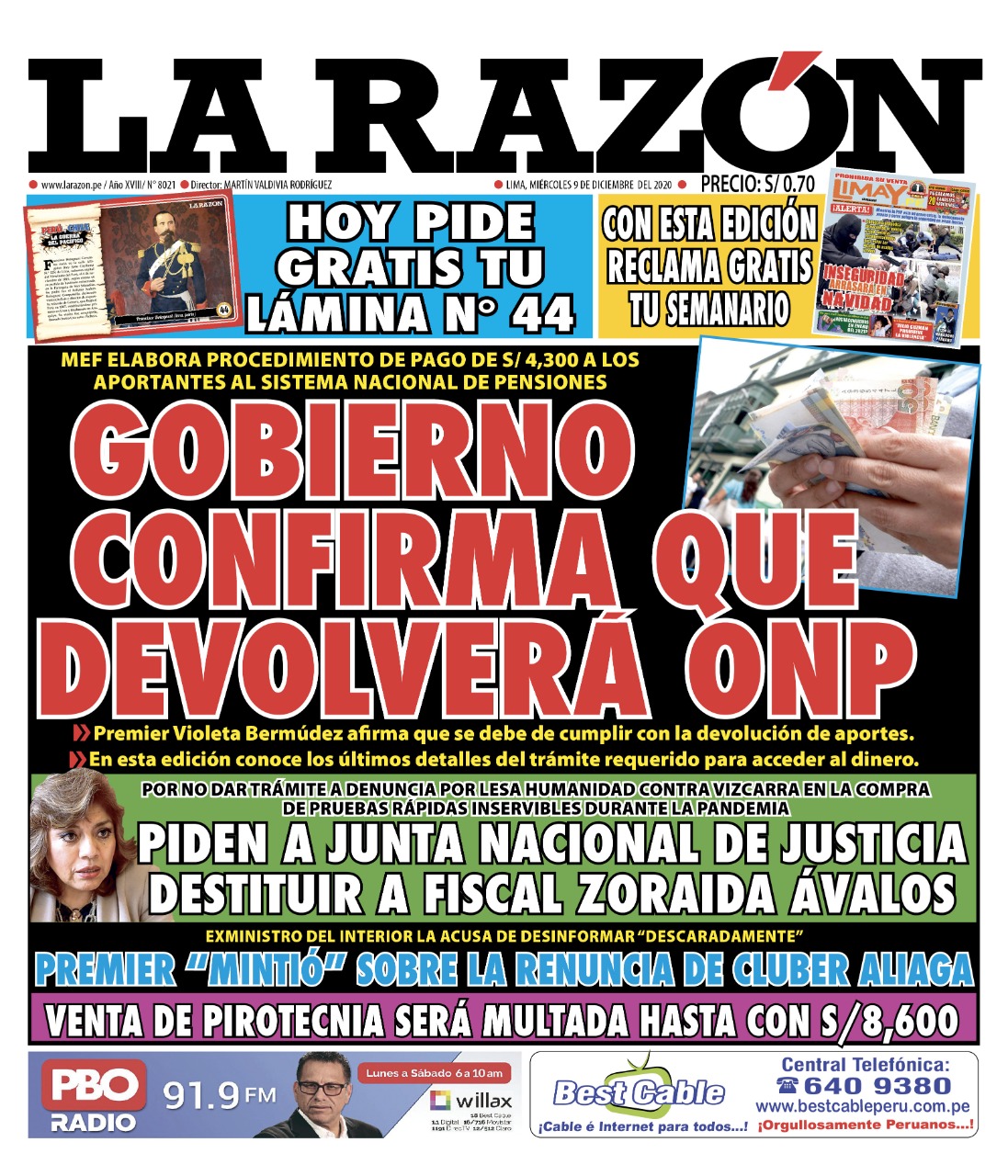 Portada impresa – Diario La Razón (9/12/2020)