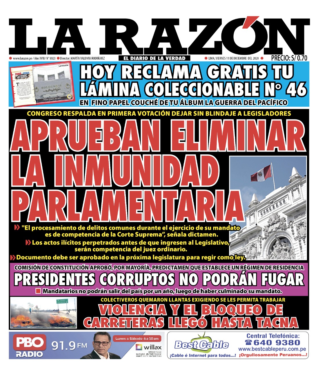 Portada impresa – Diario La Razón (11/12/2020)