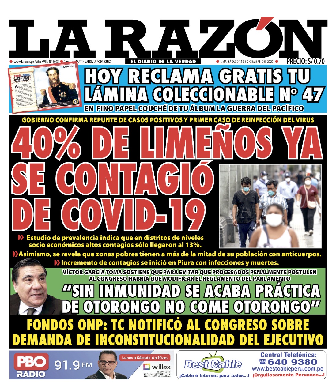 Portada impresa – Diario La Razón (12/12/2020)