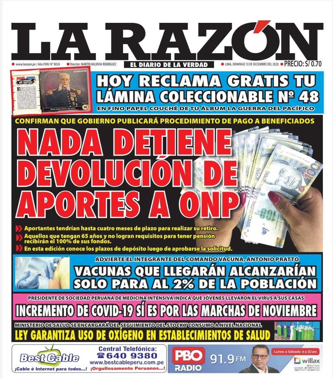Portada impresa – Diario La Razón (13/12/2020)