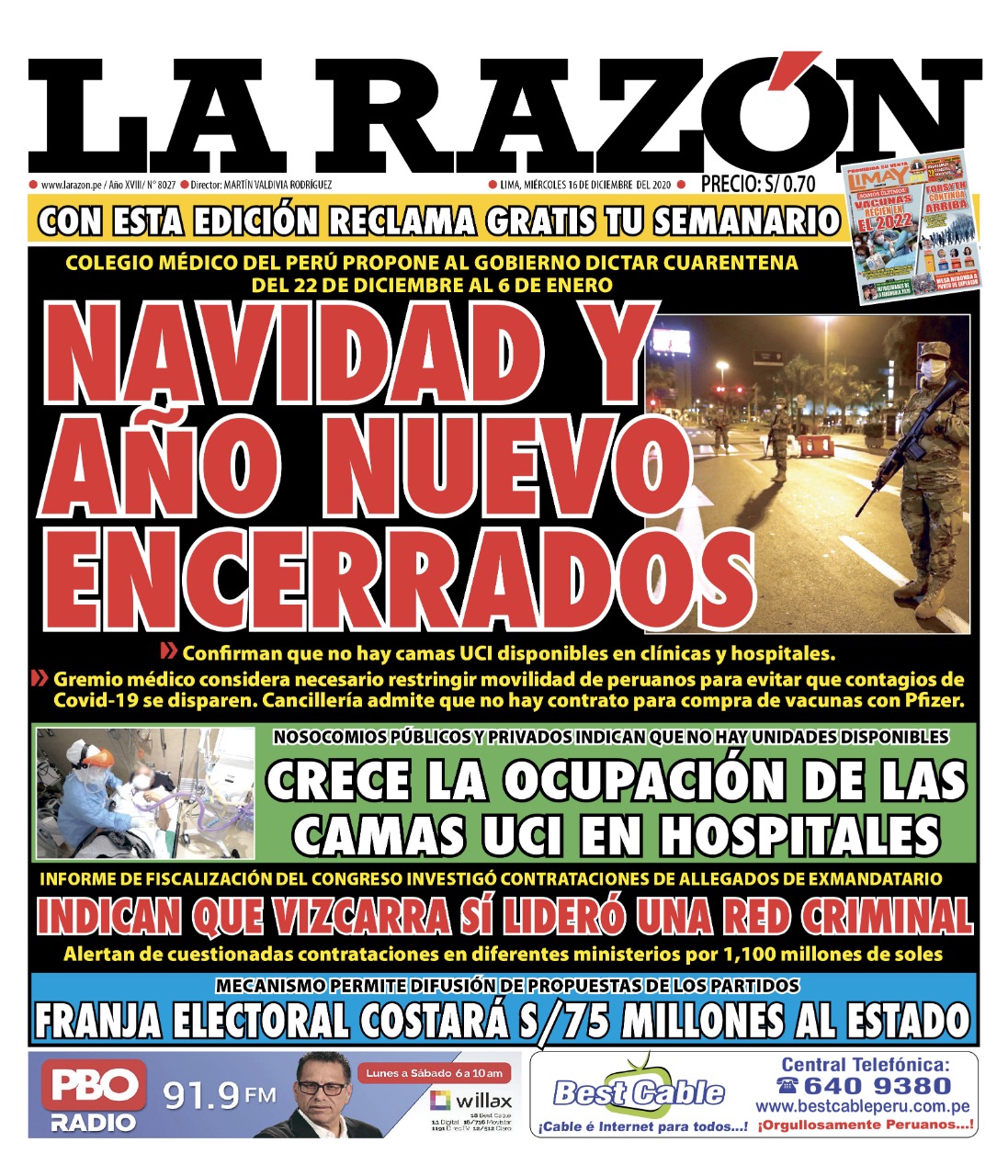 Portada impresa – Diario La Razón (16/12/2020)