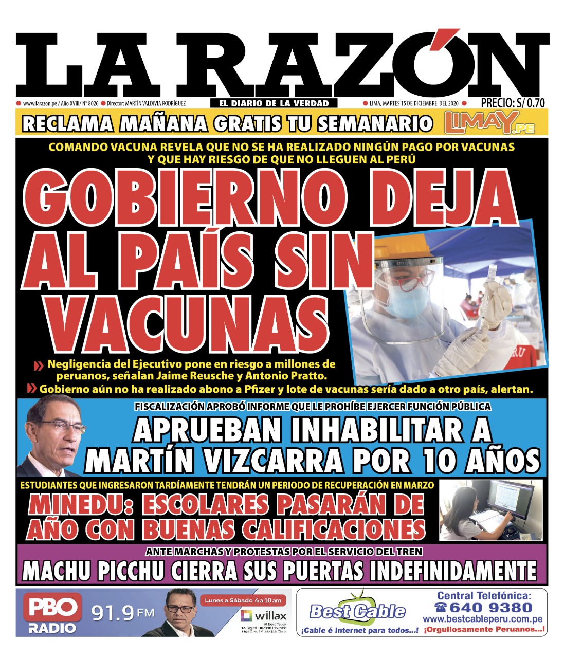 Portada impresa – Diario La Razón (15/12/2020)