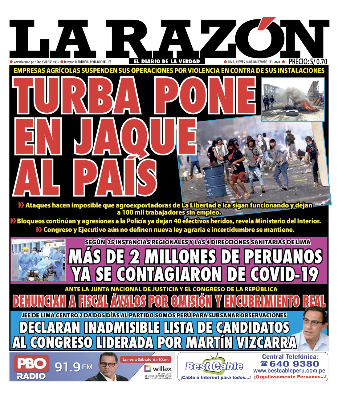 Portada impresa – Diario La Razón (24/12/2020)