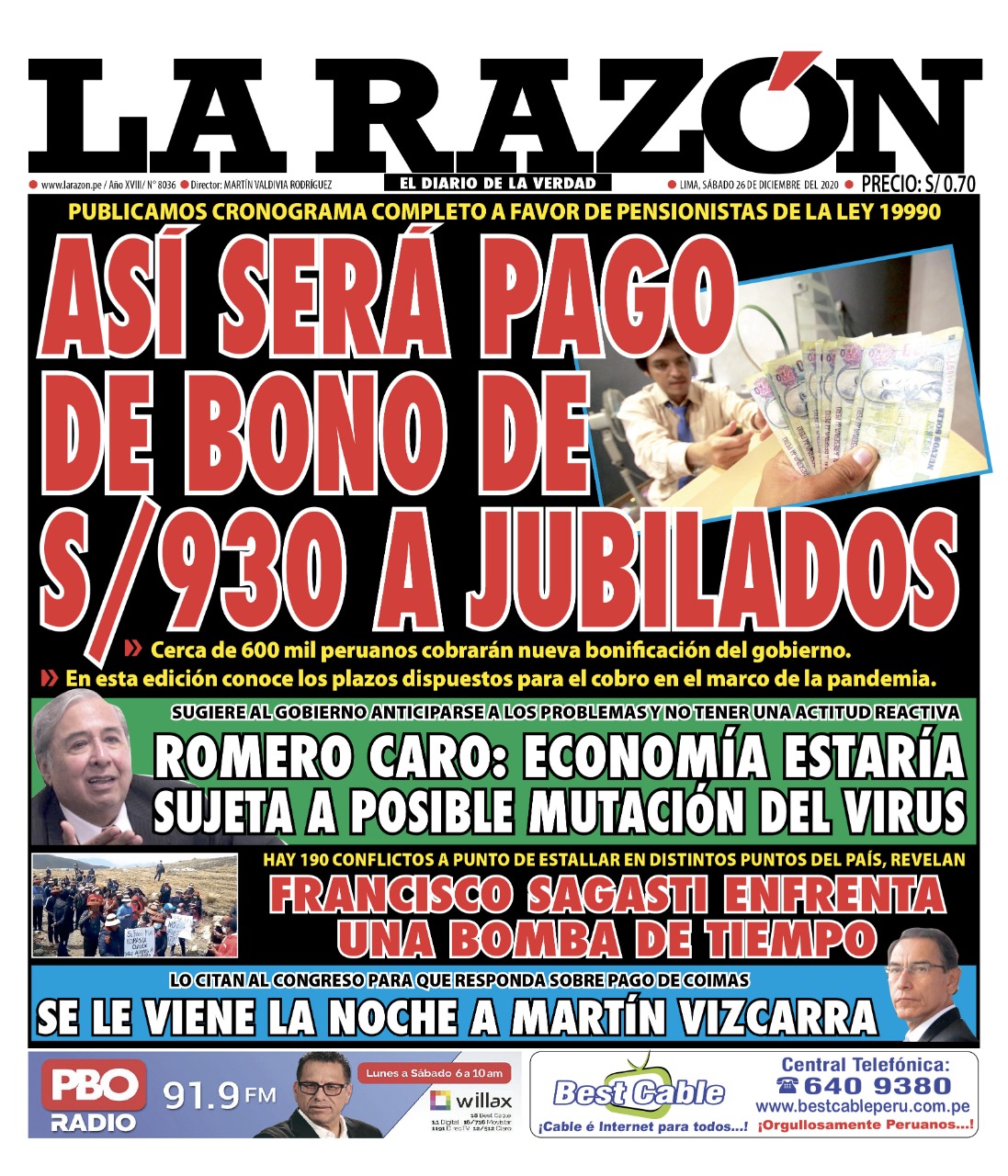 Portada impresa – Diario La Razón (26/12/2020)