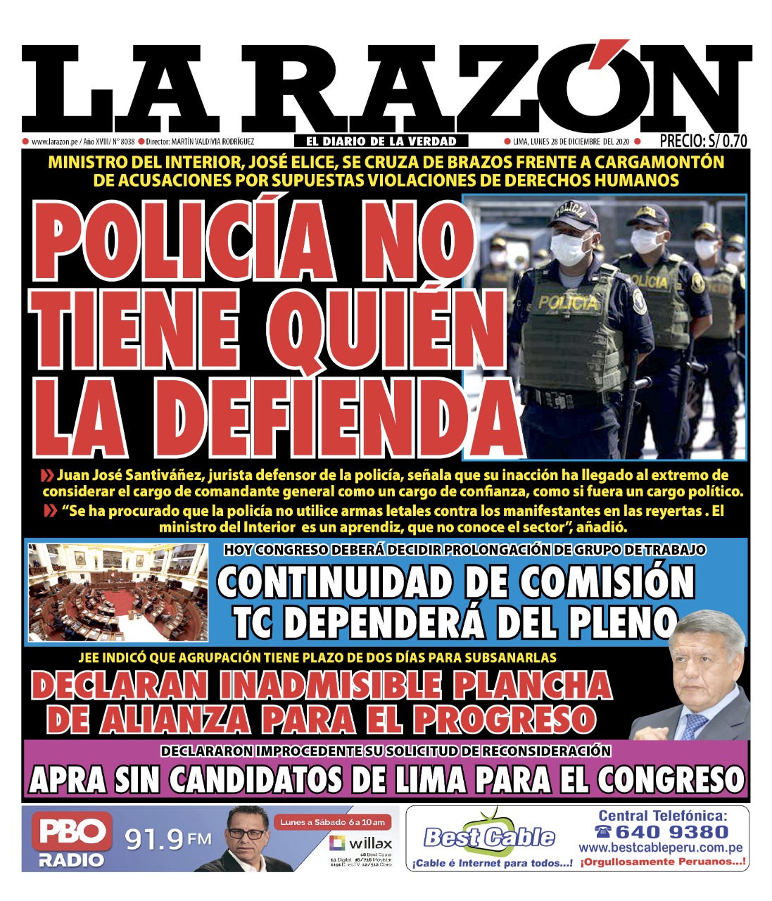 Portada impresa – Diario La Razón (28/12/2020)