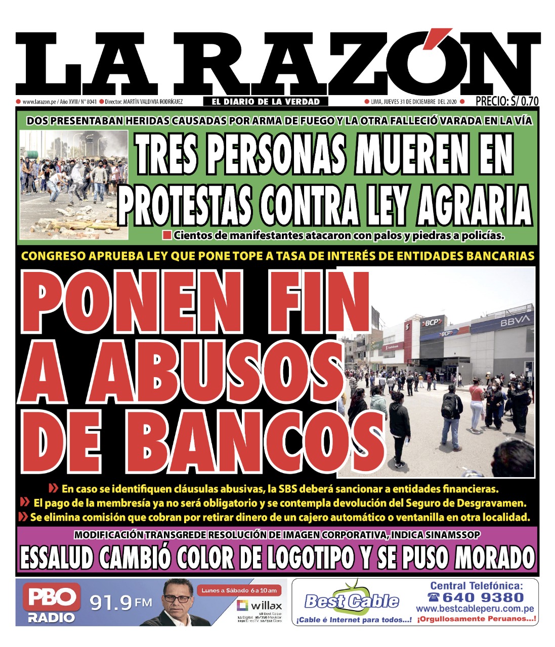 Portada impresa – Diario La Razón (31/12/2020)
