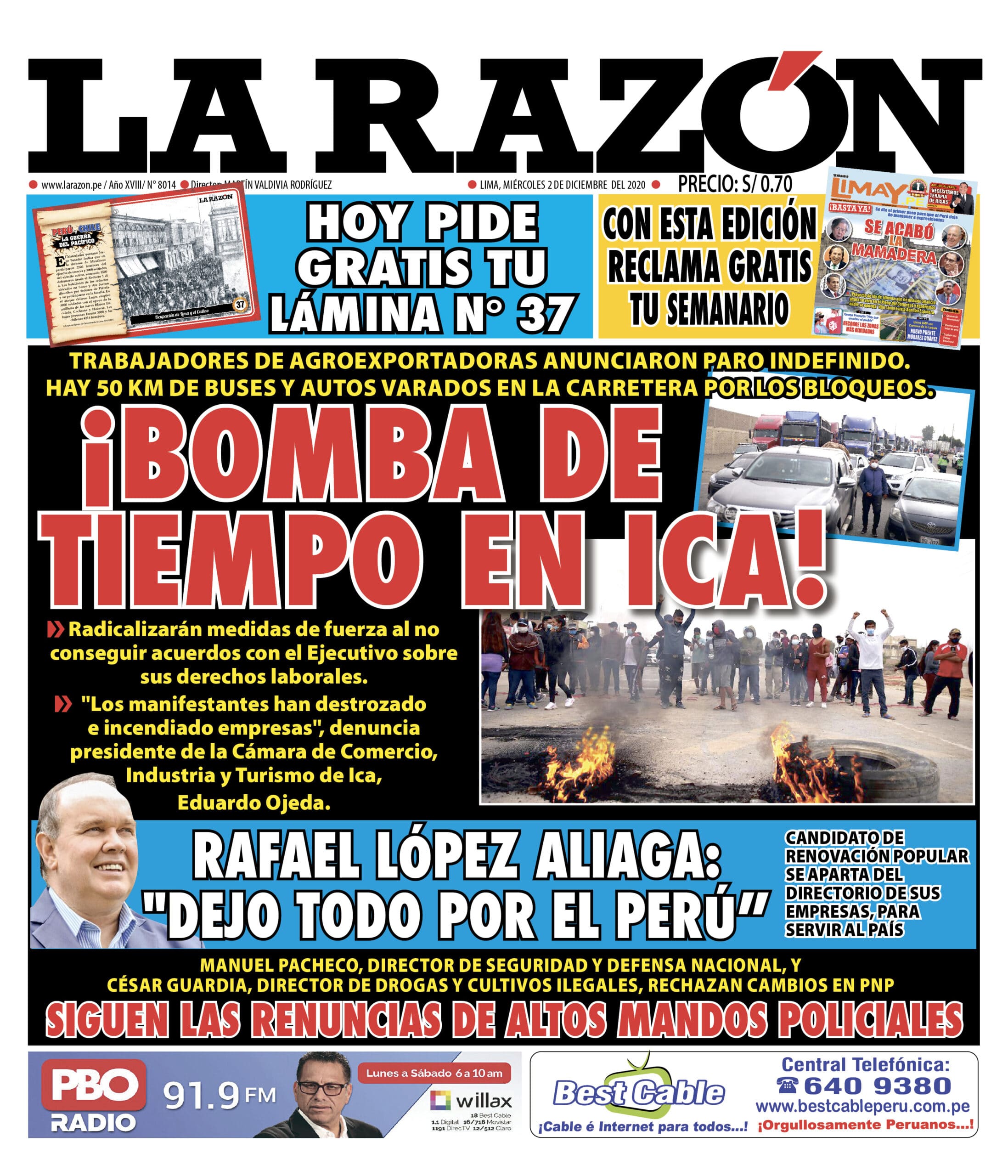Portada impresa – Diario La Razón (2/12/2020)