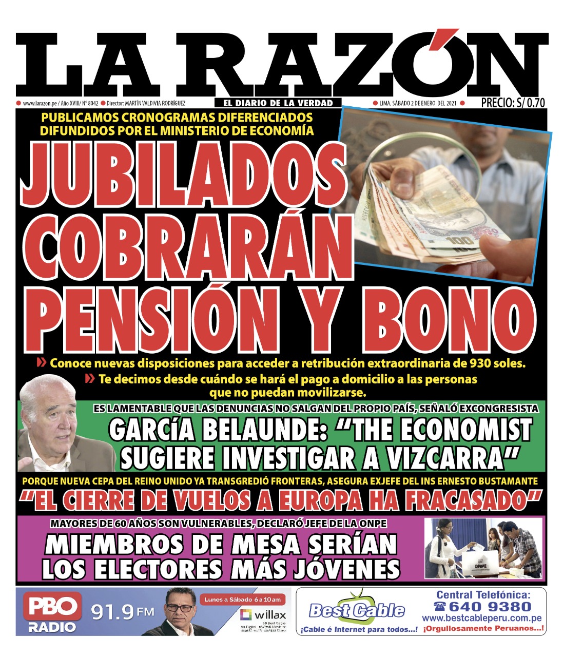 Portada impresa – Diario La Razón (02/01/2021)