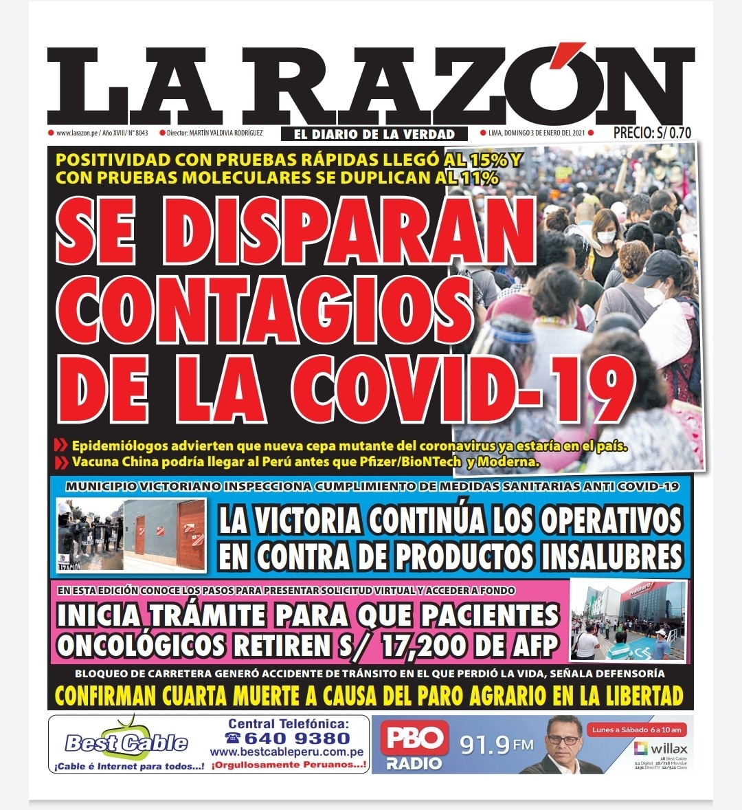 Portada impresa – Diario La Razón (03/01/2021)