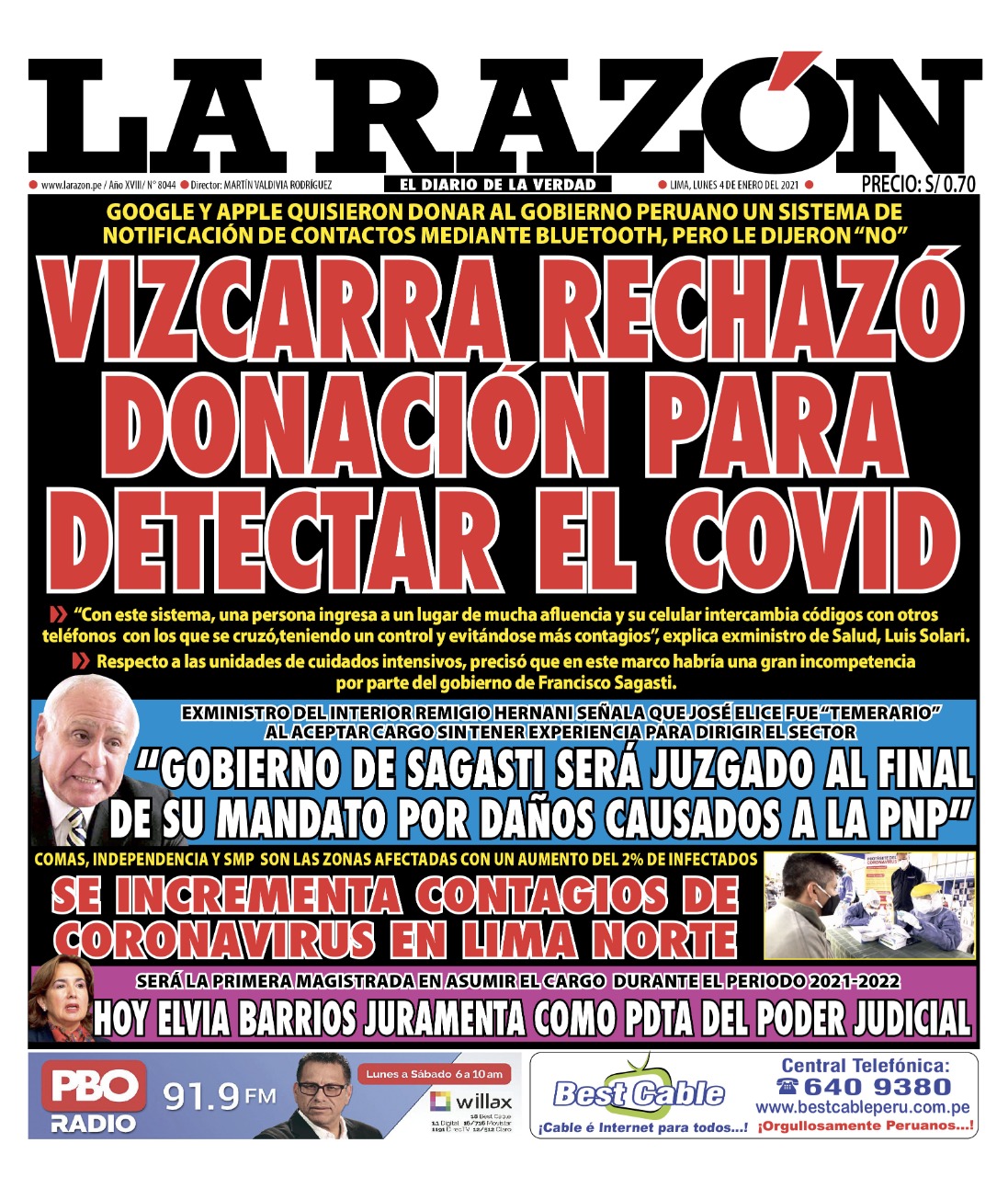 Portada impresa – Diario La Razón (04/01/2021)