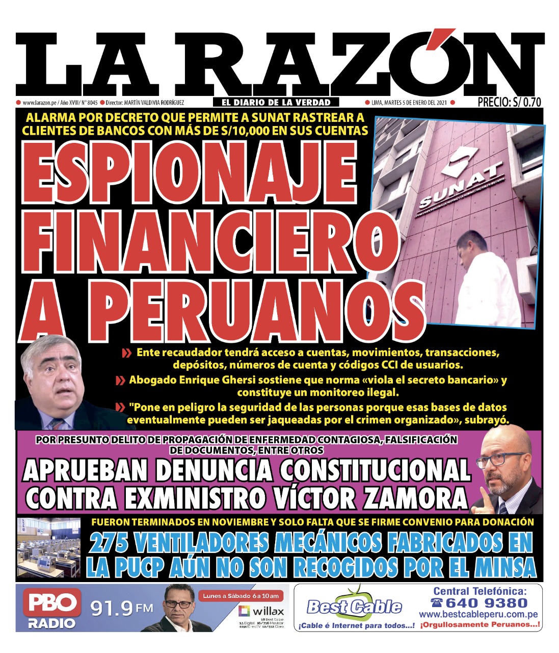 Portada impresa – Diario La Razón (05/01/2021)