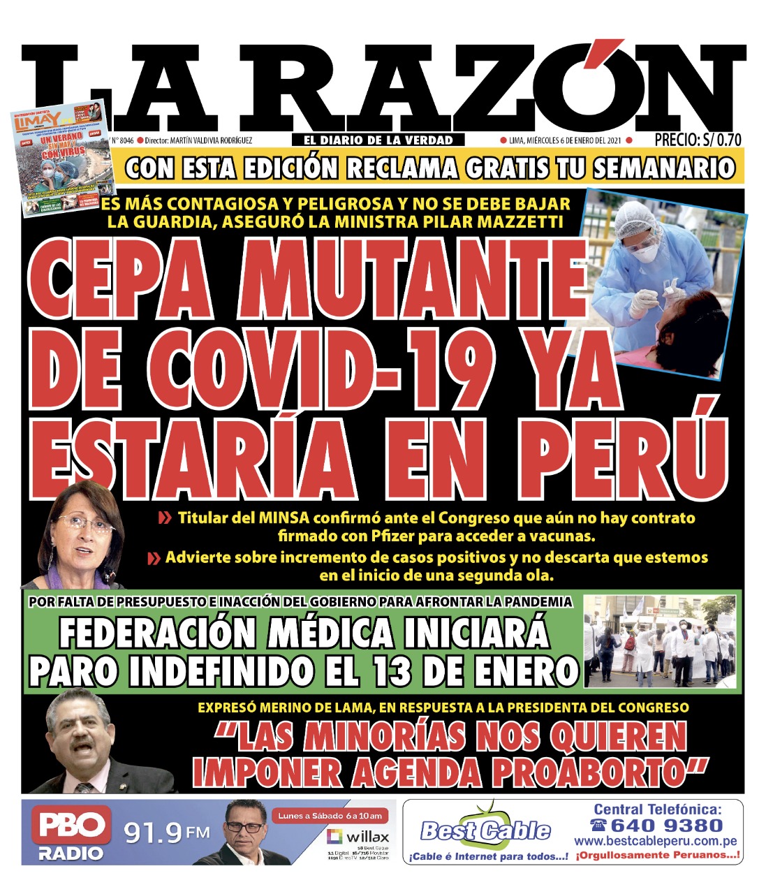 Portada impresa – Diario La Razón (06/01/2021)