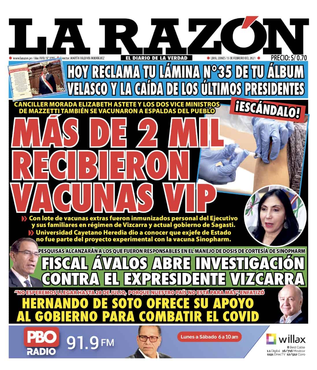 Portada impresa – Diario La Razón (15/02/2021)